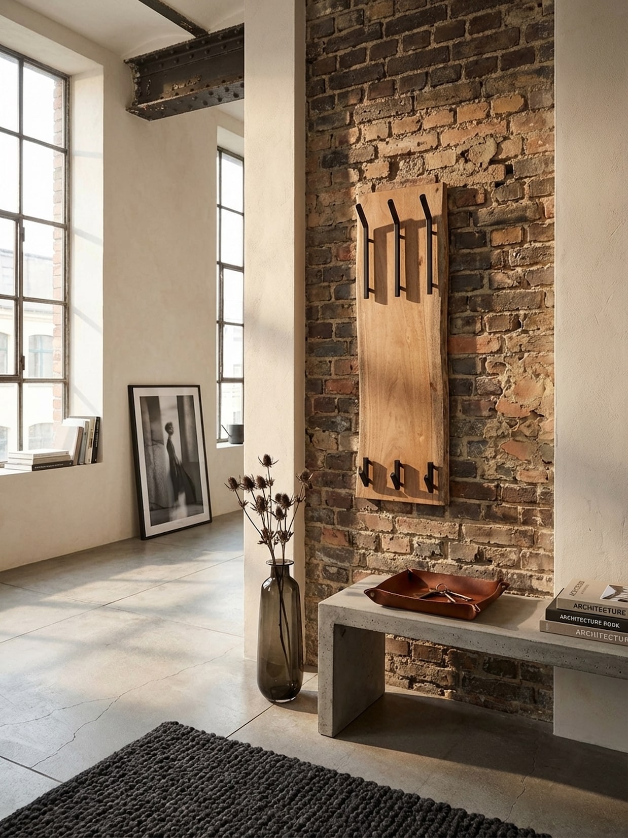 Wandgarderobe Akazie Massivholz Metall Modern 35,5x100x11 cm mit 2-reihiger Hakenleiste