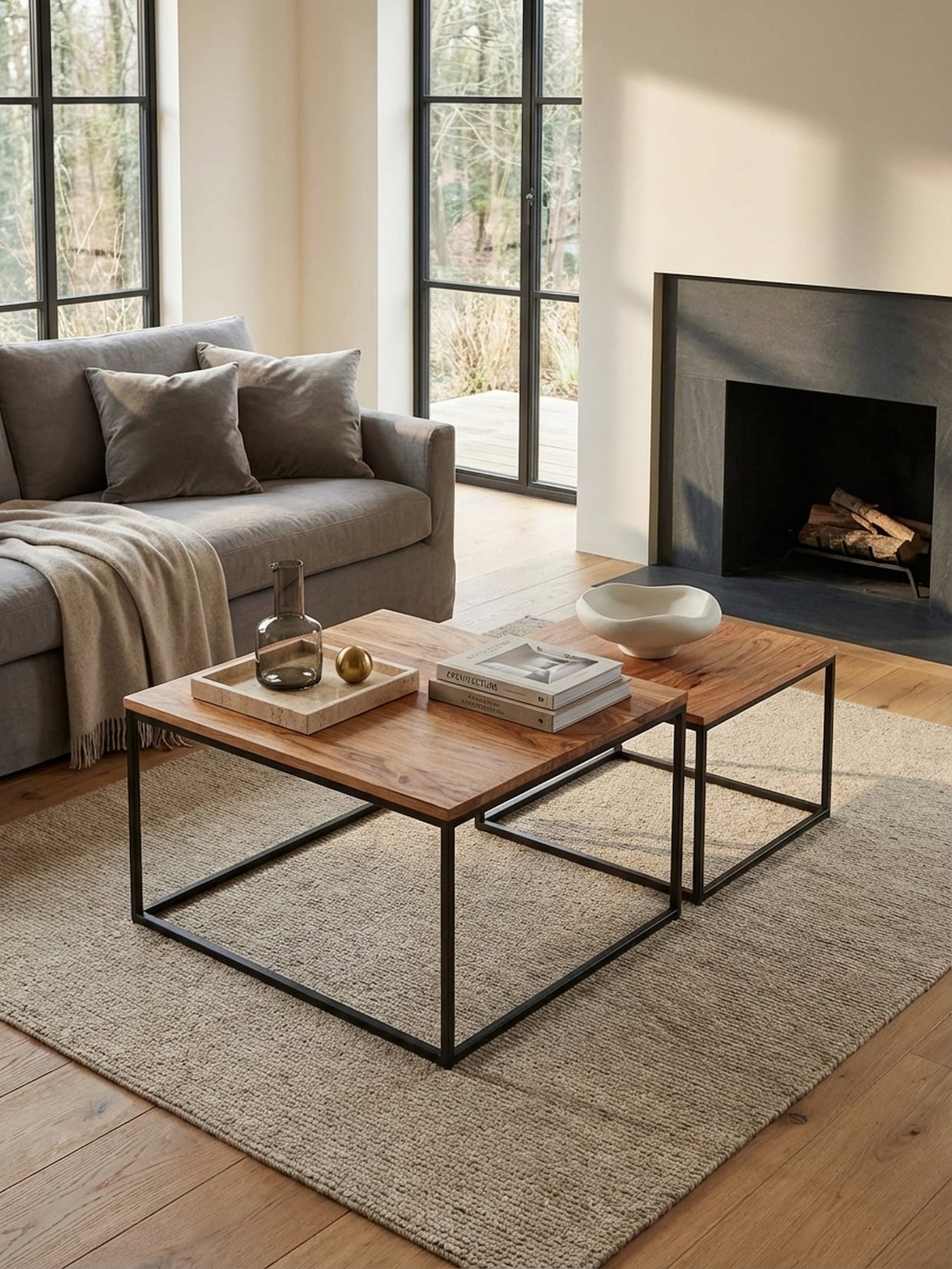 Couchtisch Set – 2-teilig Eckig Akazie Massivholz Metallgestell