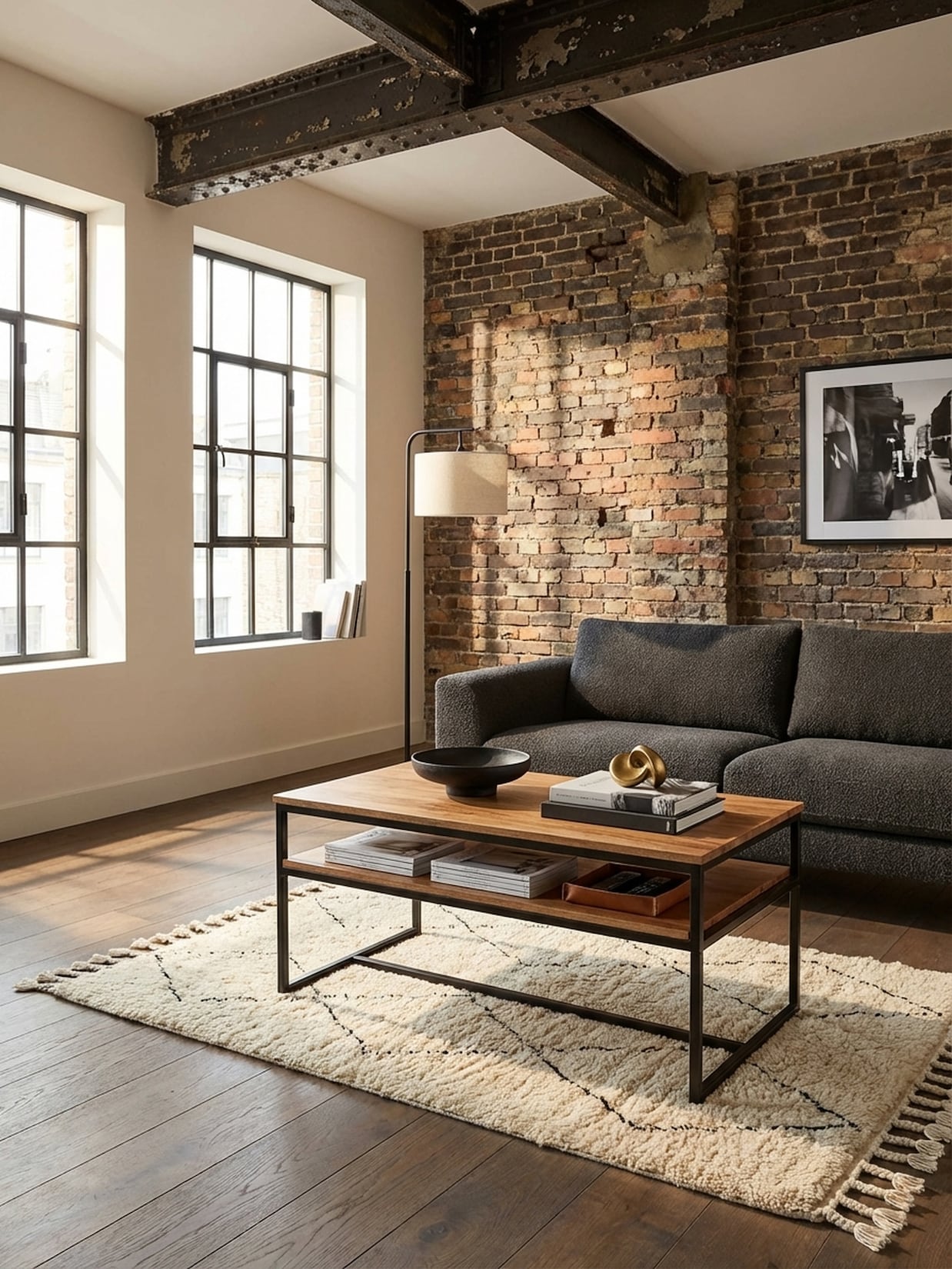 Couchtisch Massivholz Metall 100x60x45 cm, Industrial Design mit Stauraum