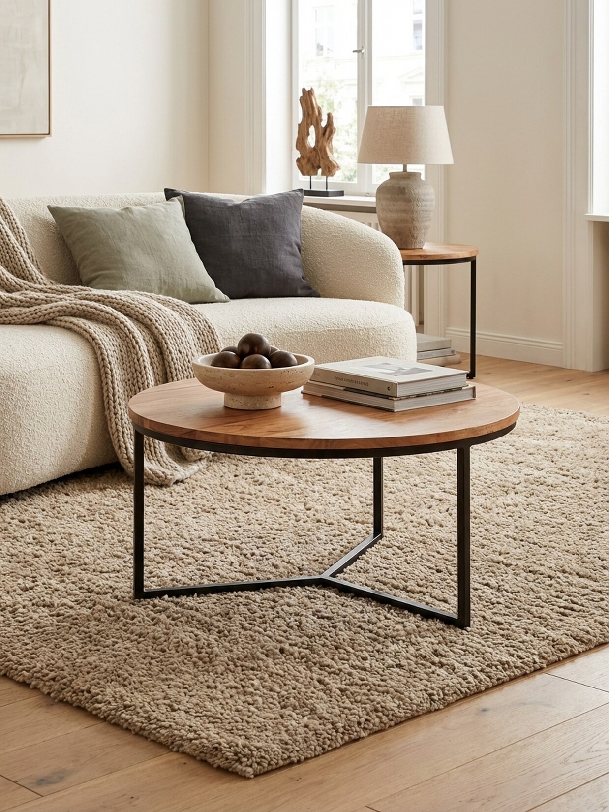 Couchtisch Rund Klein aus Akazie Massivholz mit Metall Design, 60x60x38 cm