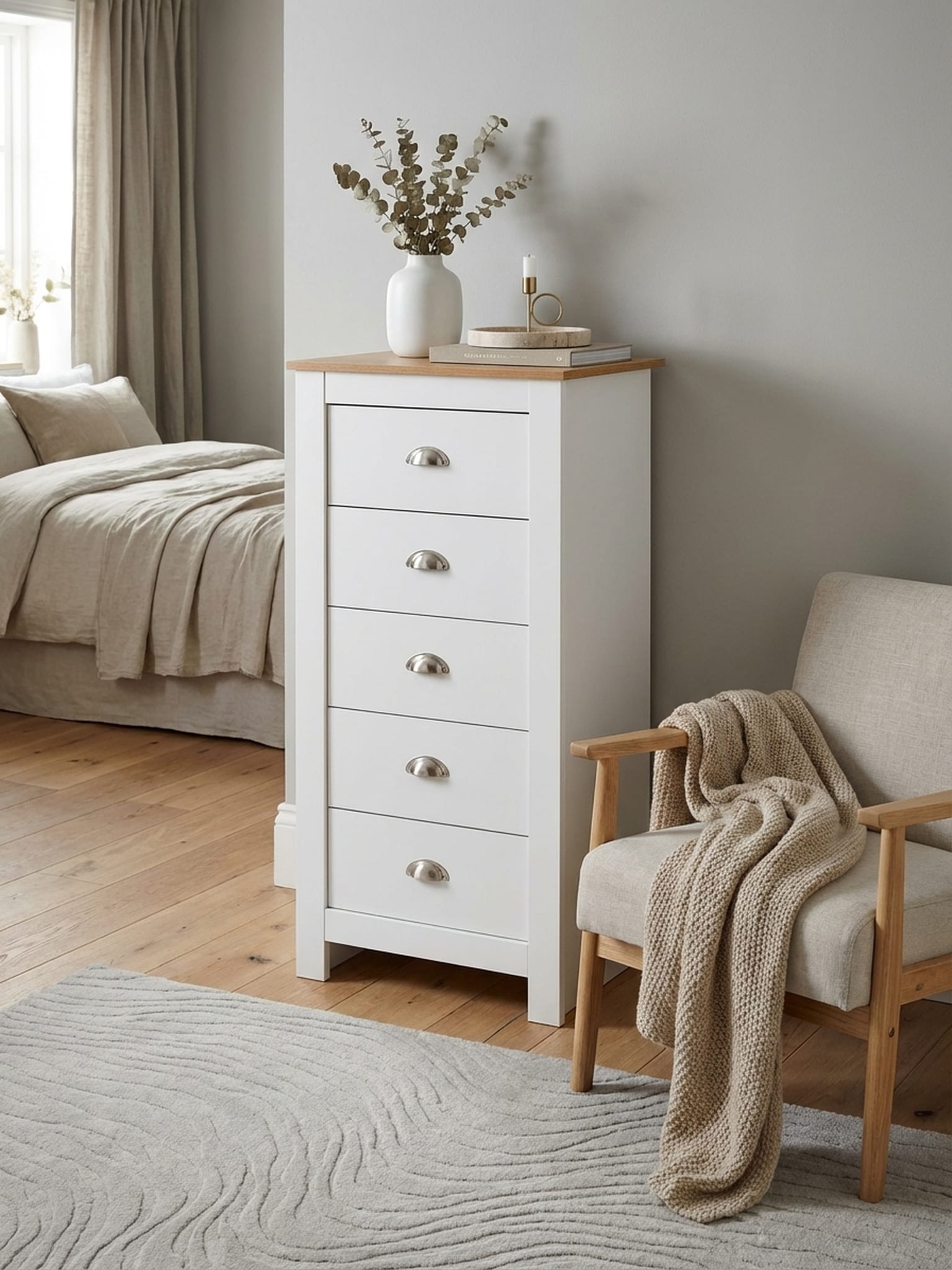 Sideboard &ndash; Wei&szlig;/Eiche, 53x114x39&nbsp;cm, 5 Schubladen, schmal 