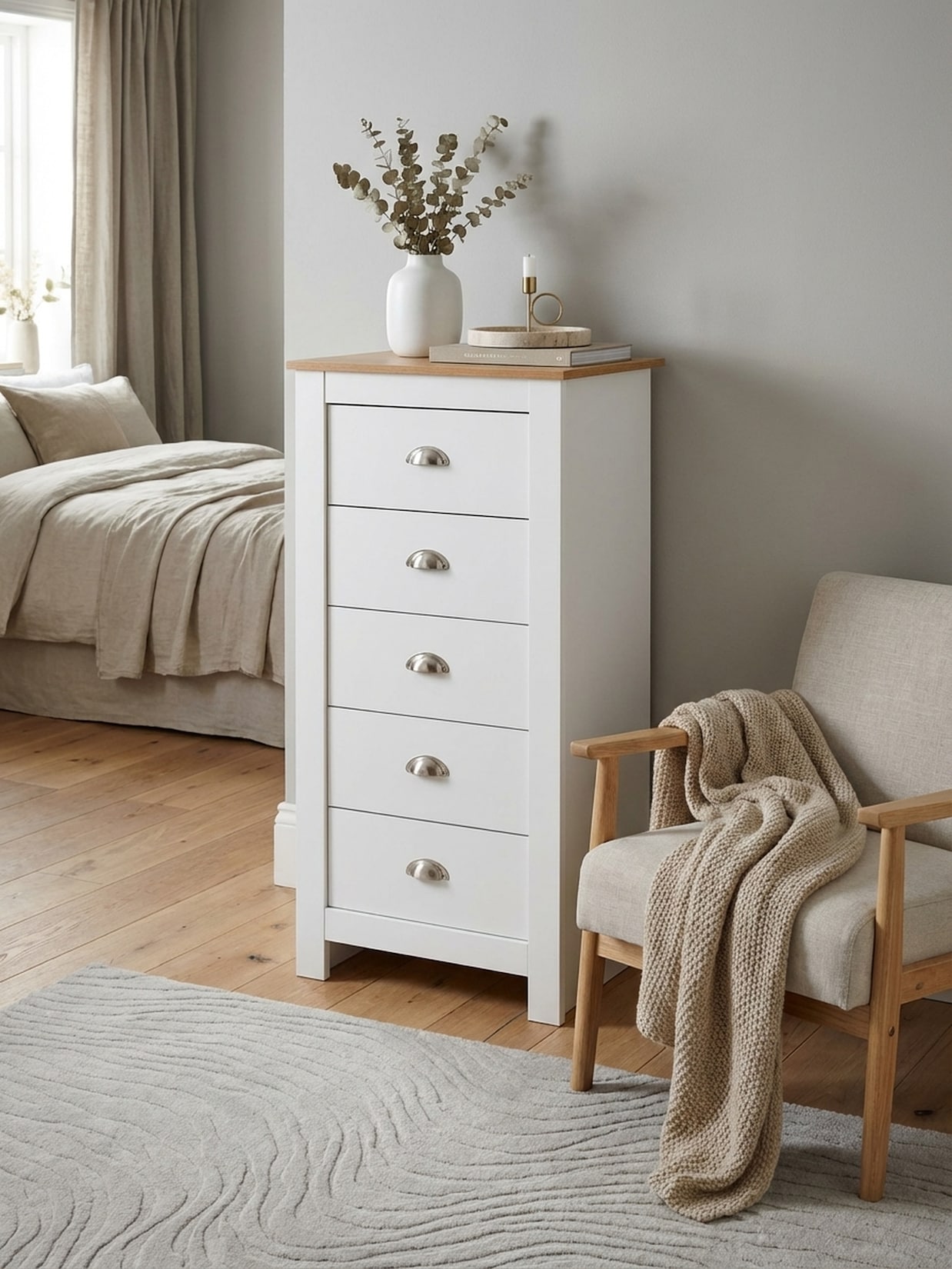 Sideboard – Weiß/Eiche, 53x114x39 cm, 5 Schubladen, schmal