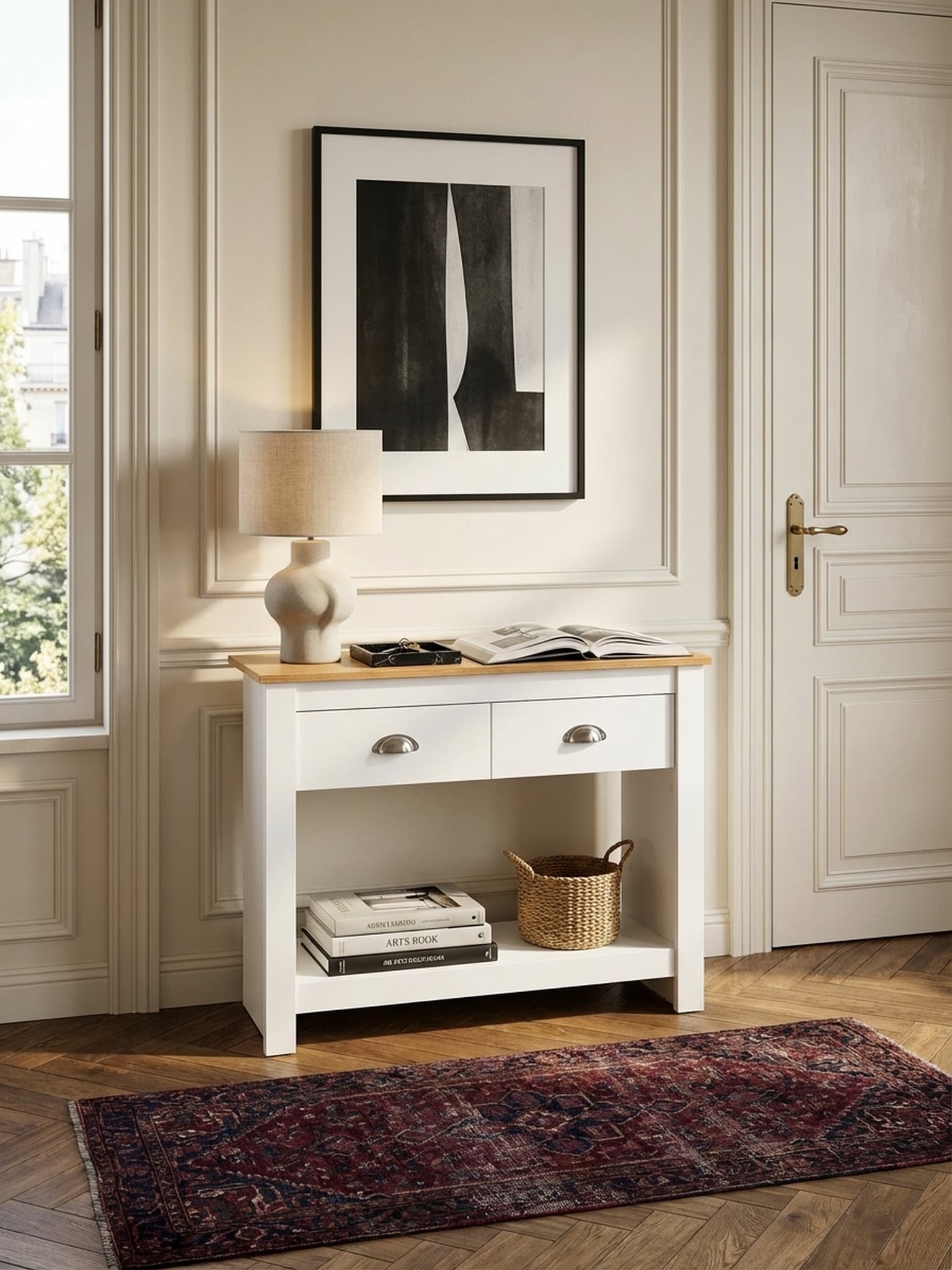 Konsolentisch &ndash; Wei&szlig;/Eiche, 85x35x76&nbsp;cm, schmal, mit Schubladen und Stauraum 