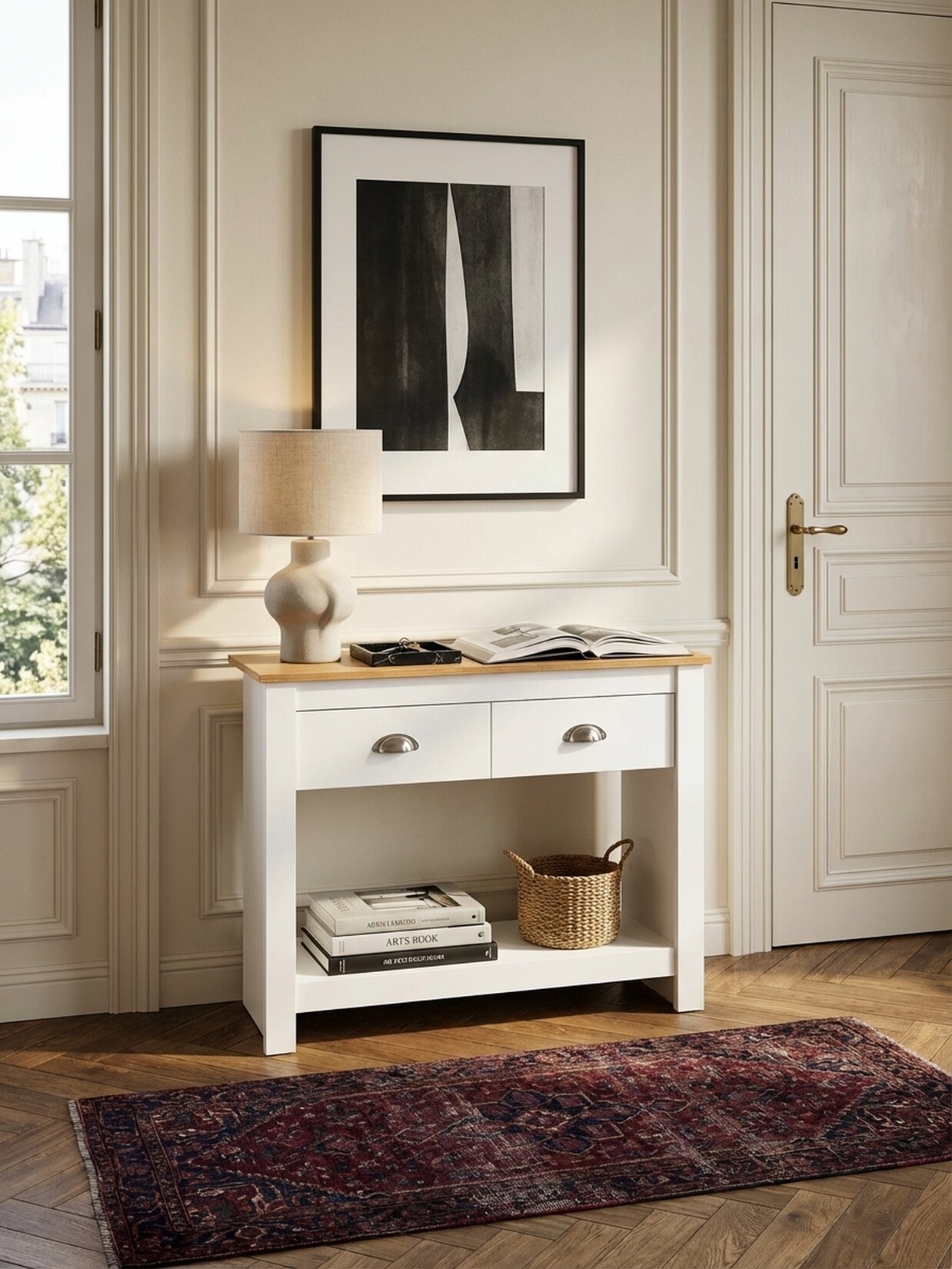 Konsolentisch – Weiß/Eiche, 85x35x76 cm, schmal, mit Schubladen und Stauraum