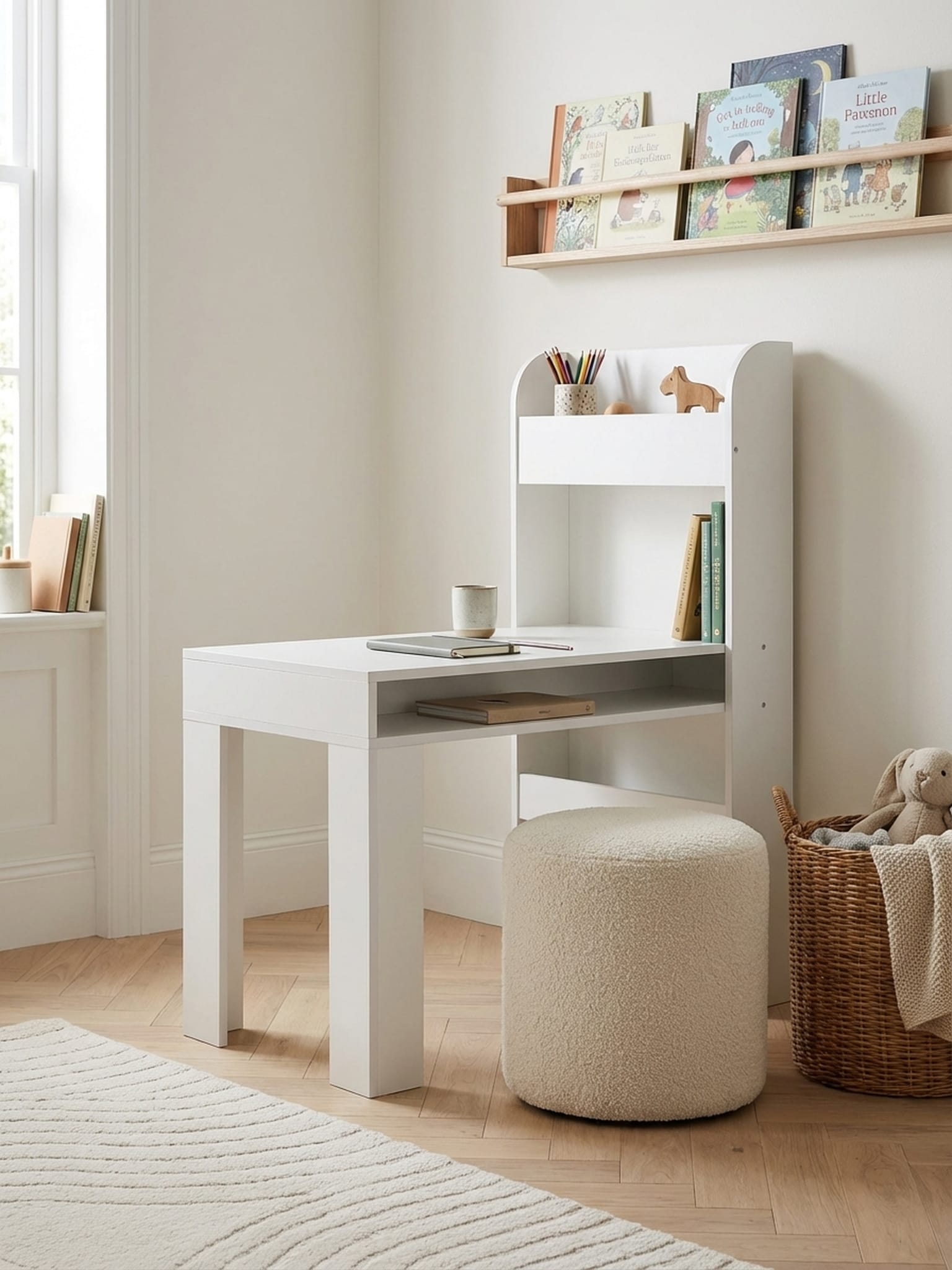 Kinderschreibtisch &ndash; Wei&szlig;, 90x50x110&nbsp;cm, mit Regal, schmal, Stauraum, f&uuml;r Kinderzimmer 