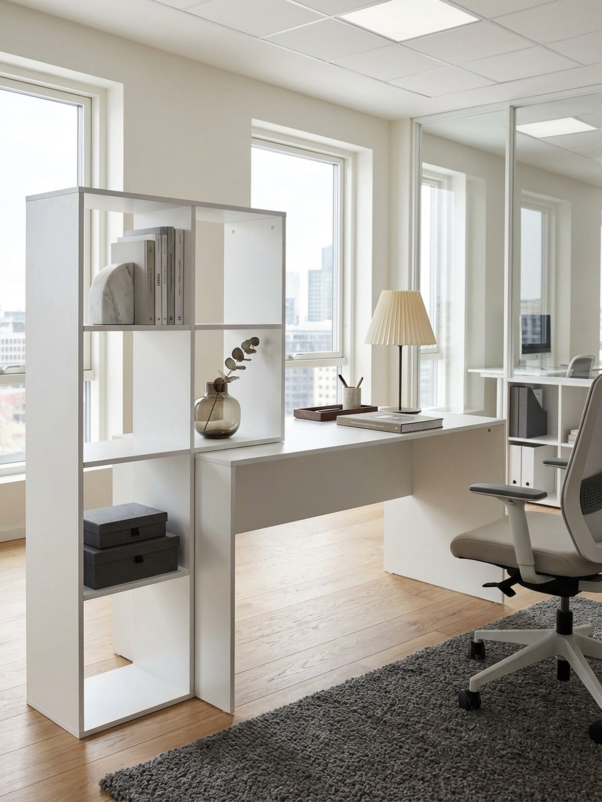 Schreibtisch – Weiß, 170x59x143,5 cm, mit Regal, 6 Ablagen, modern, Homeoffice