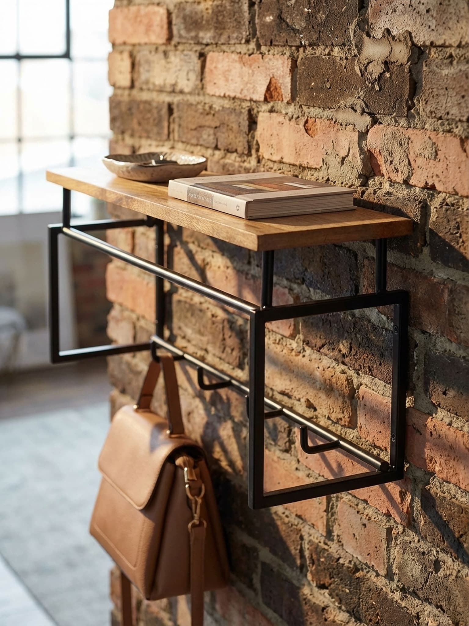 Wandgarderobe Mango Massivholz Metall Modern 71x29x20 cm mit Ablage und Kleiderstange 