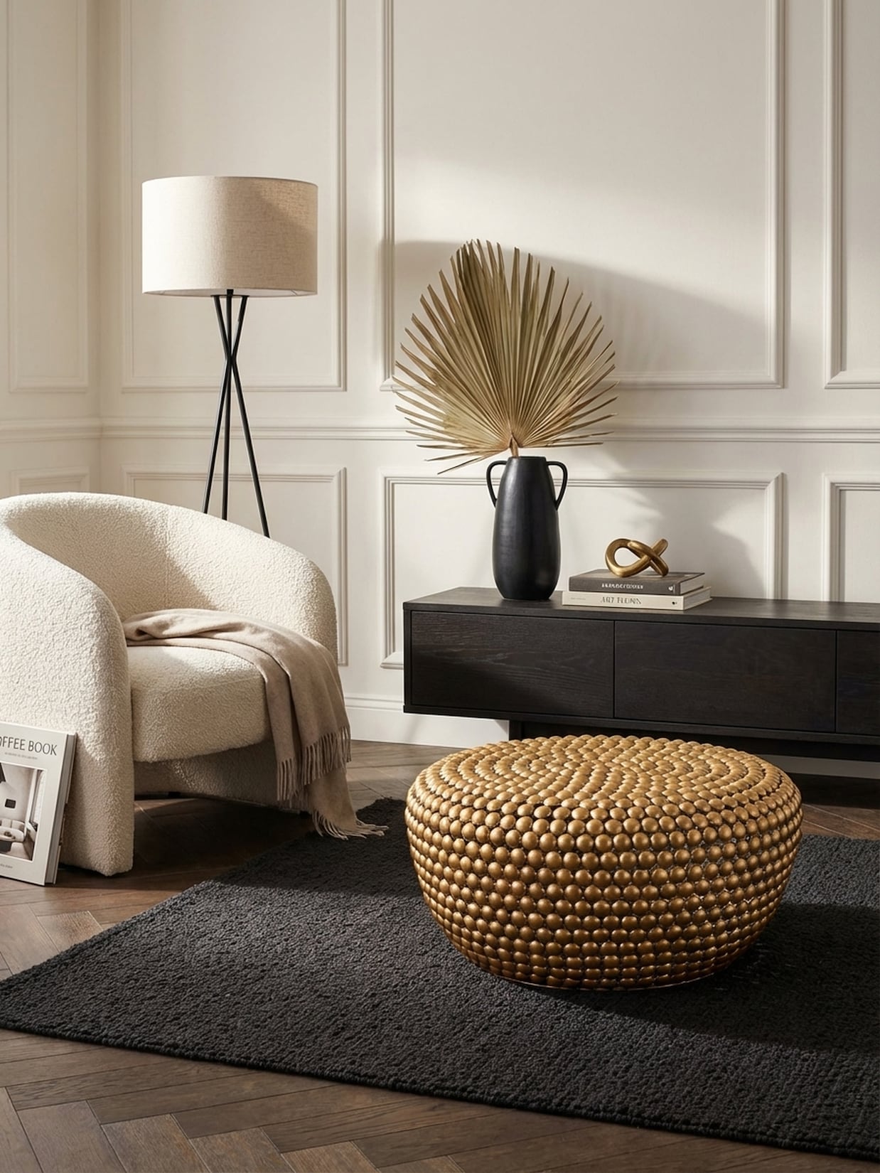Couchtisch Rund in Goldfarbenem Aluminium, Orientalisches Design, 60x60x30 cm