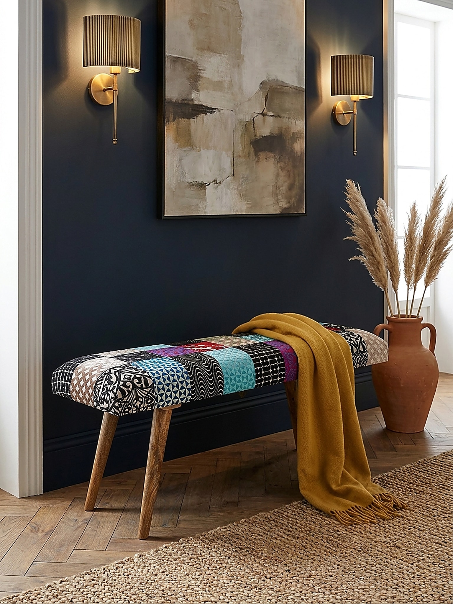 Sitzbank &ndash; Samt/Massivholz, 117x51x38 cm, Patchwork 