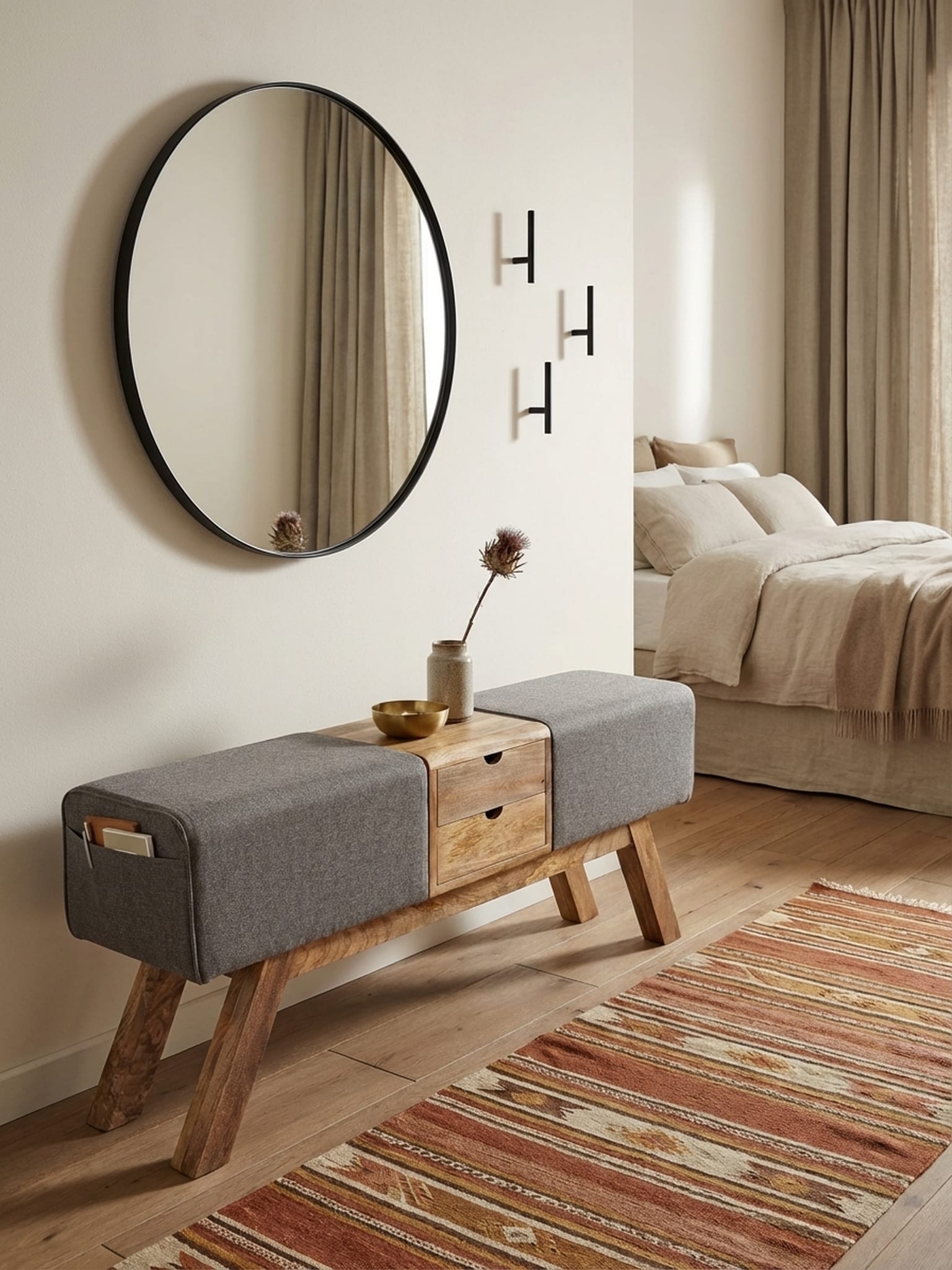 Sitzbank &ndash; Stoff/Massivholz, 120x56x30 cm, Grau, mit Schubladen, Turnbock-Design 
