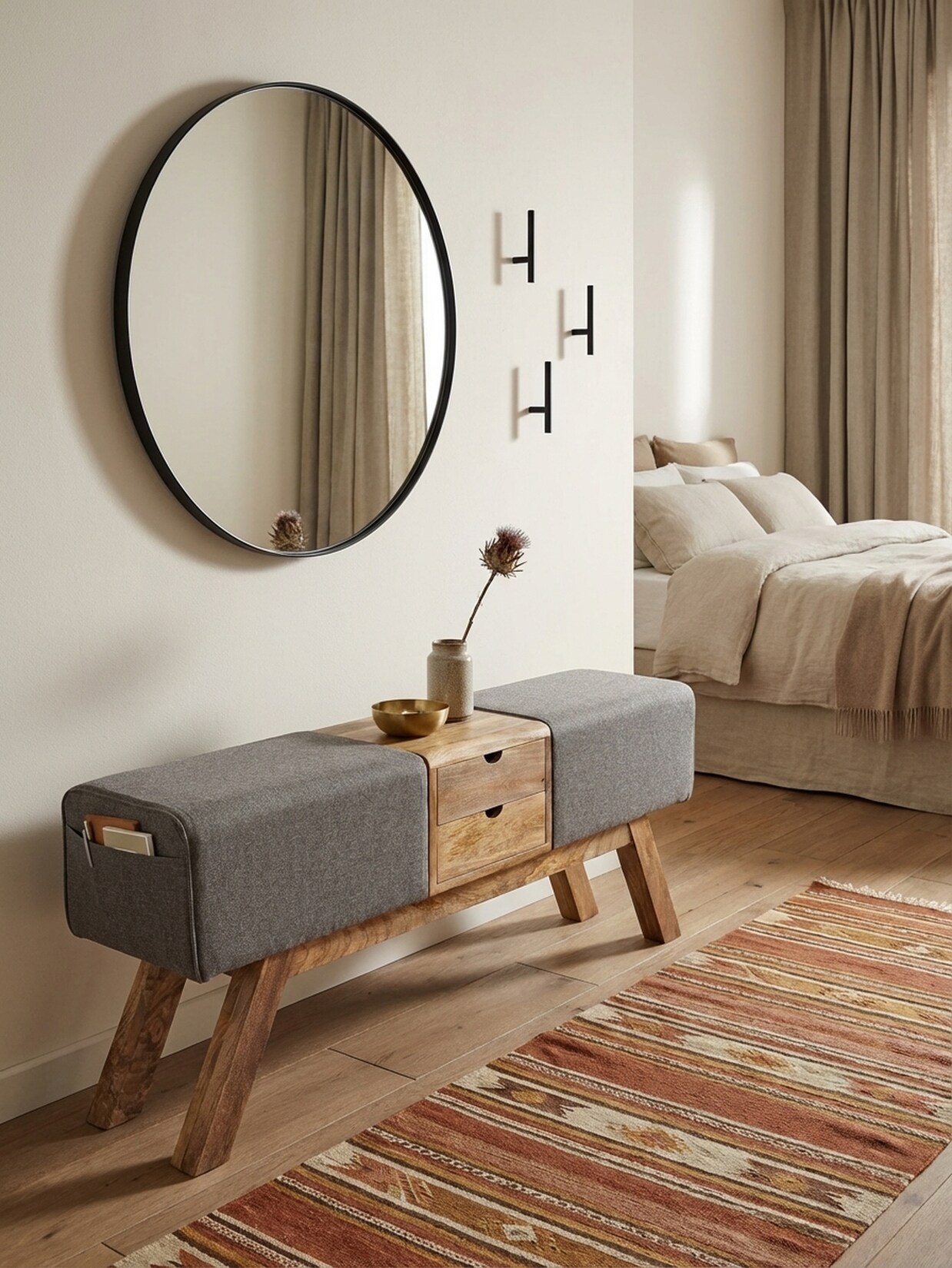 Sitzbank – Stoff/Massivholz, 120x56x30 cm, Grau, mit Schubladen, Turnbock-Design
