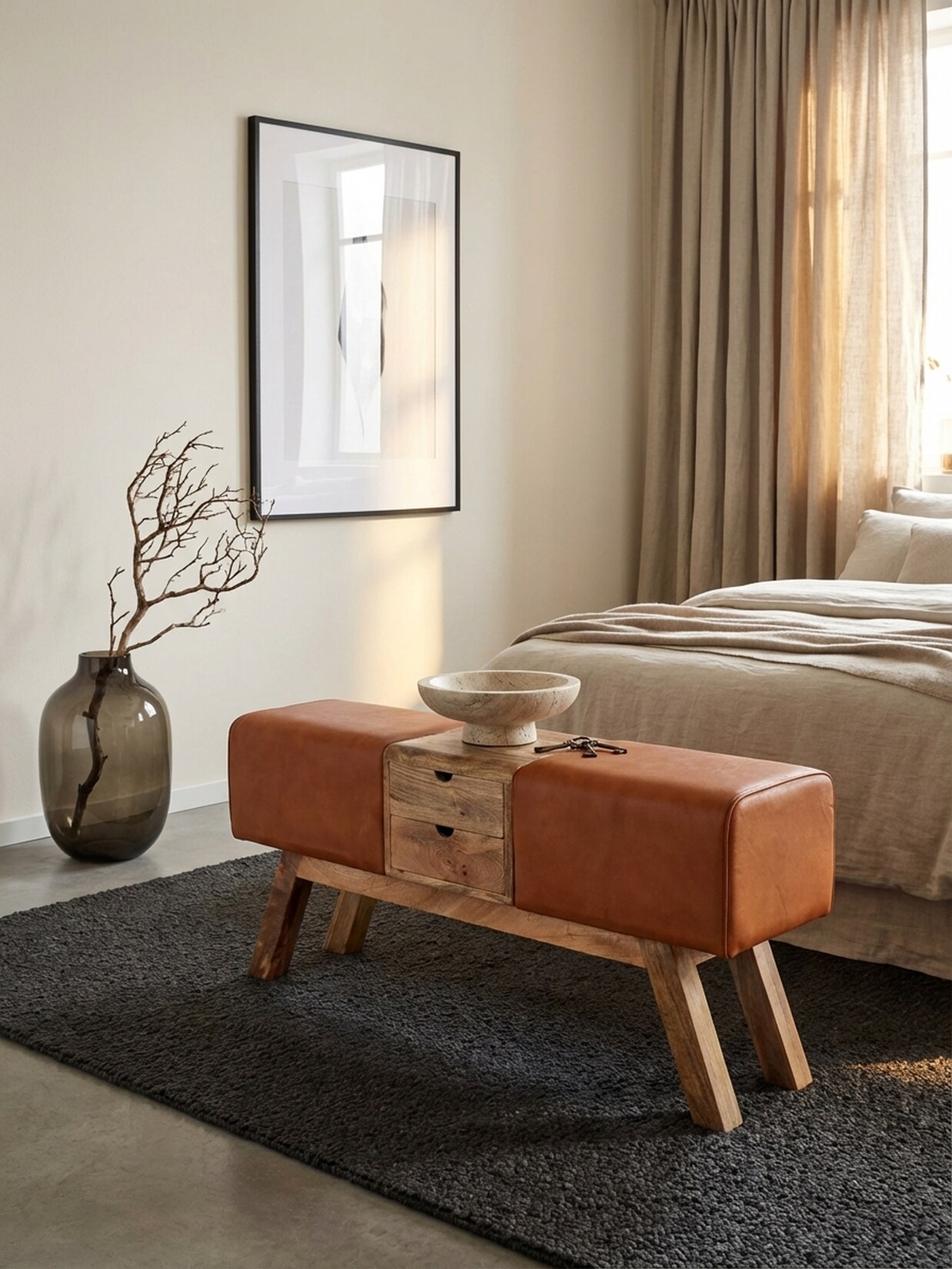 Sitzbank – Leder/Massivholz, 120x56x30 cm, Braun, mit Schubladen, Turnbock-Design