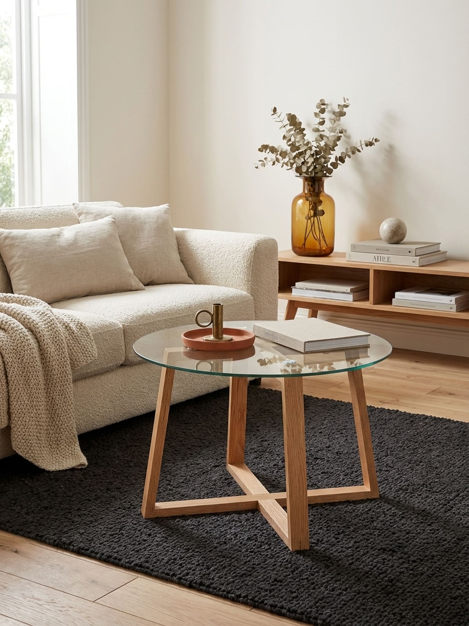 Couchtisch rund aus massiver Eiche und Glas in modernem Design, 58x58x47 cm 