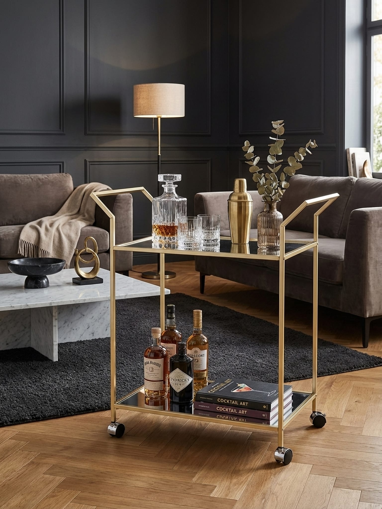 Servierwagen &ndash; Gold, 73x78x37 cm, Glasplatte, auf Rollen 