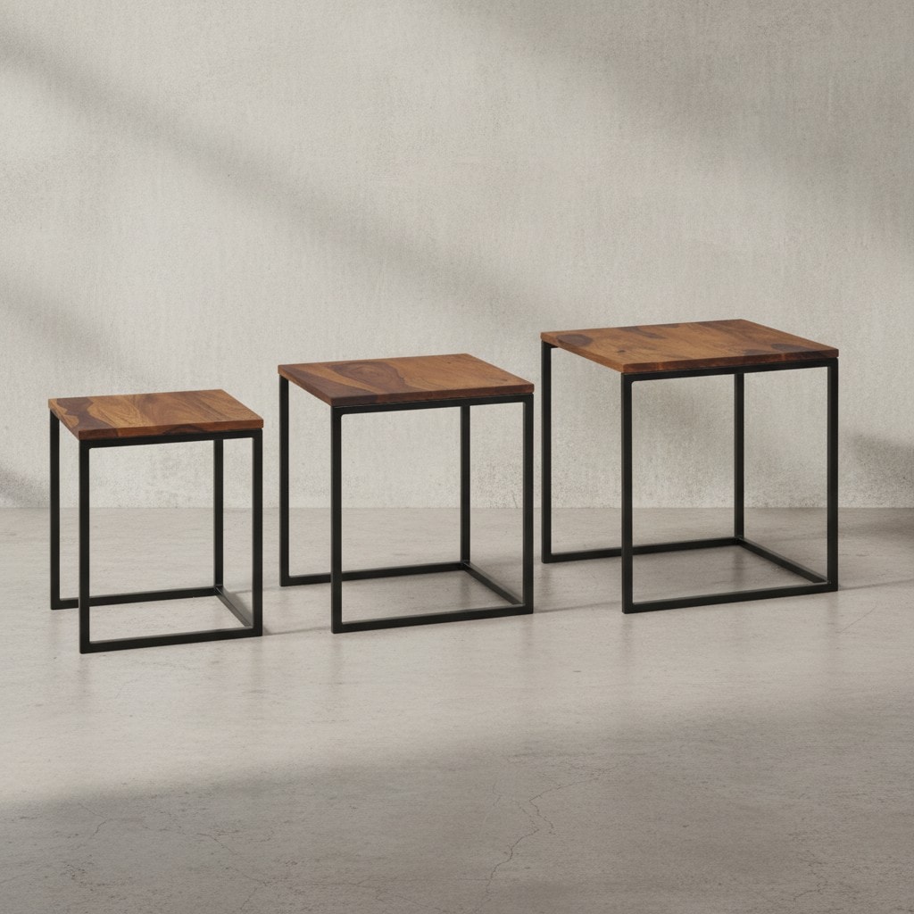 Satztisch Set – 3-teilig Massivholz Metall Eckig platzsparend