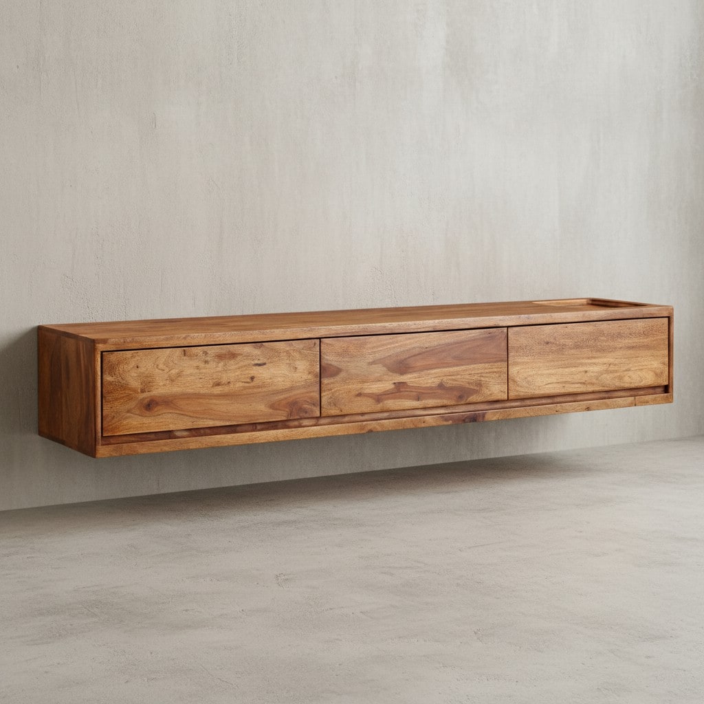 Lowboard Massivholz Modern Stil 160x25x35 cm Hängend Braun mit Stauraum