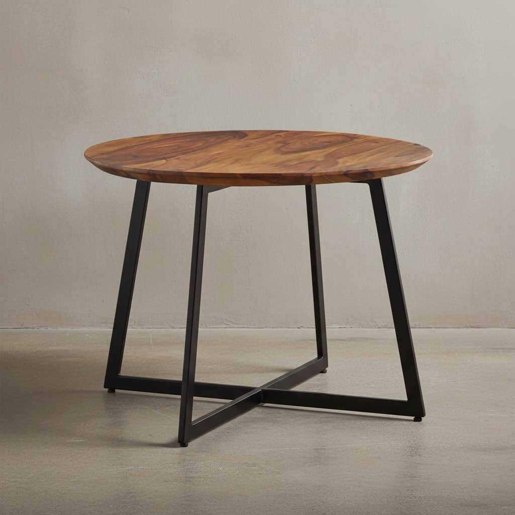 Couchtisch Rund Modern aus Sheesham Massivholz mit Metall, 60x60x45cm 