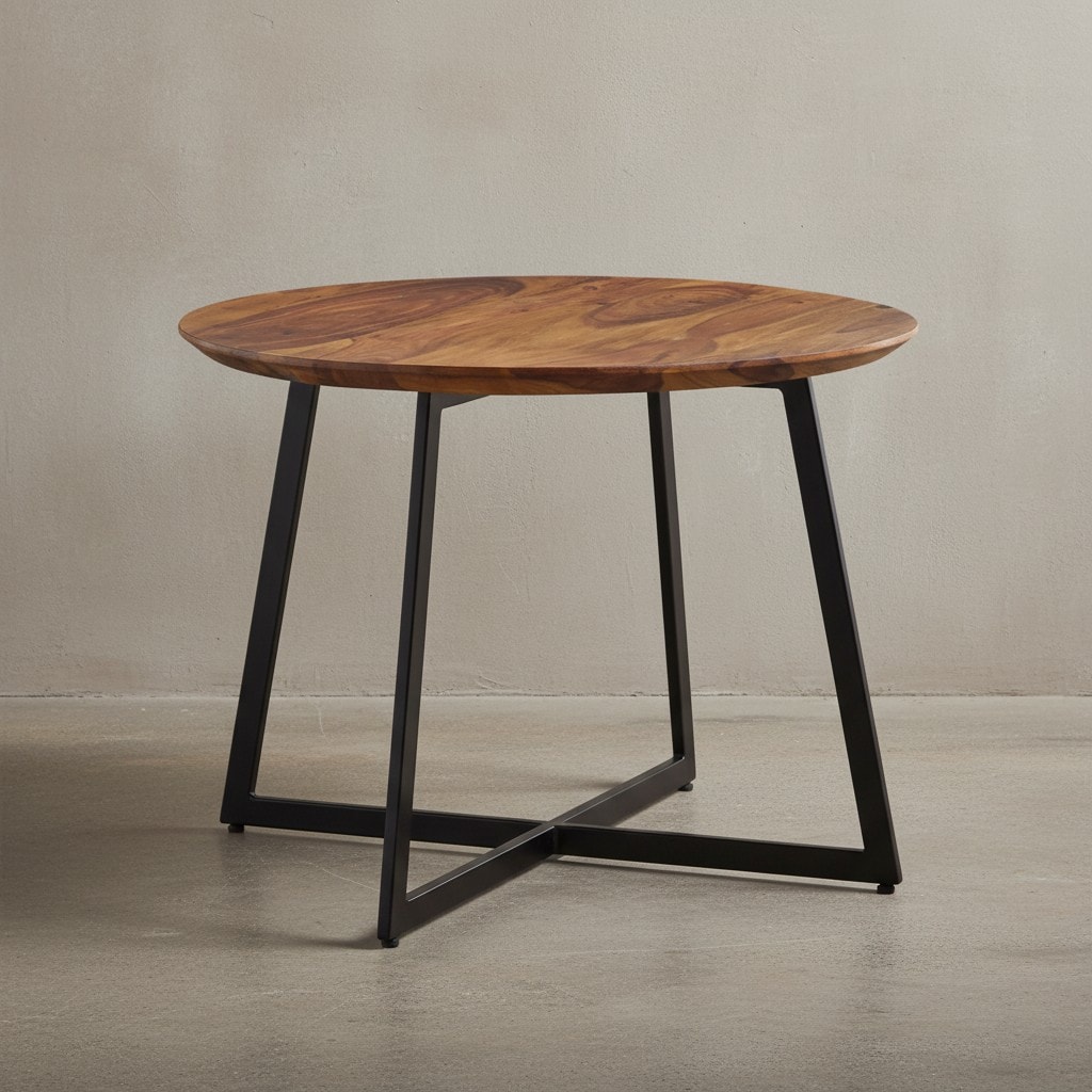 Couchtisch Rund Modern aus Sheesham Massivholz mit Metall, 60x60x45cm