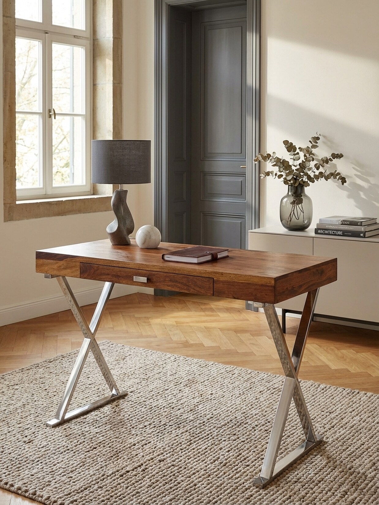 Schreibtisch Massivholz Metallgestell mit Stauraum, Braun-Silber 120x55x78 cm