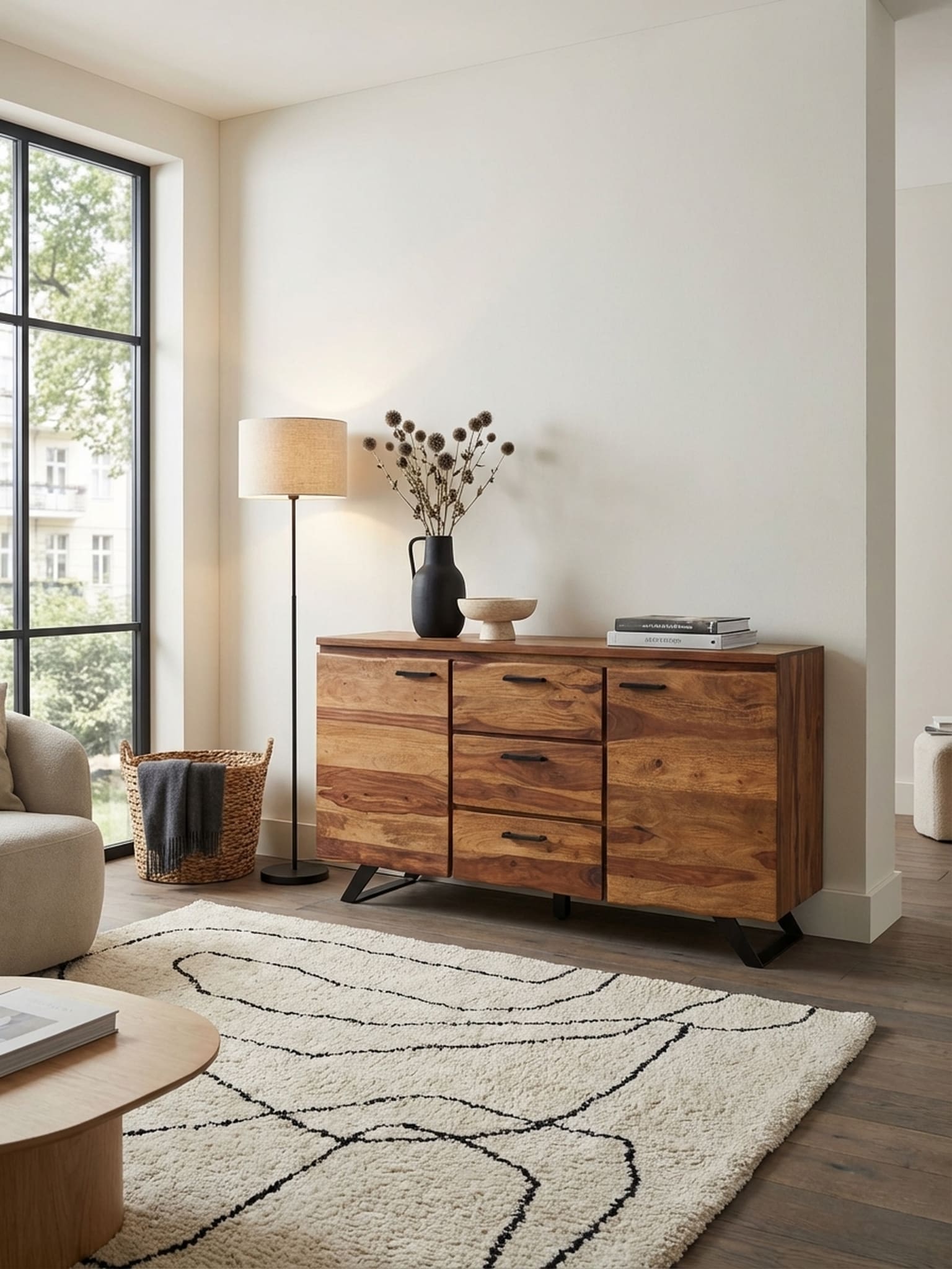 Sideboard &ndash; Massivholz/Metall, 145x82x45&nbsp;cm, mit Baumkante, Schubladen 