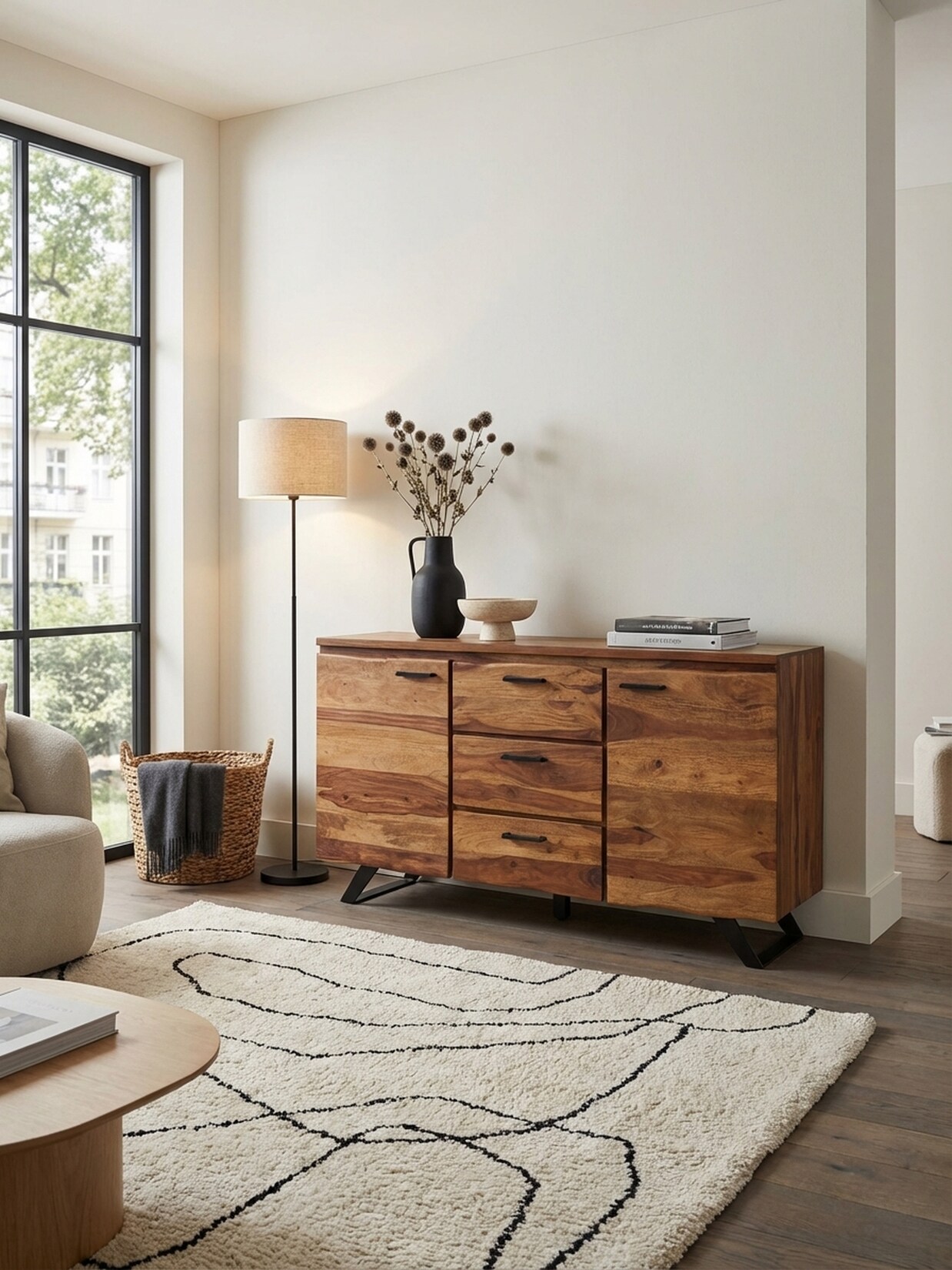 Sideboard – Massivholz/Metall, 145x82x45 cm, mit Baumkante, Schubladen