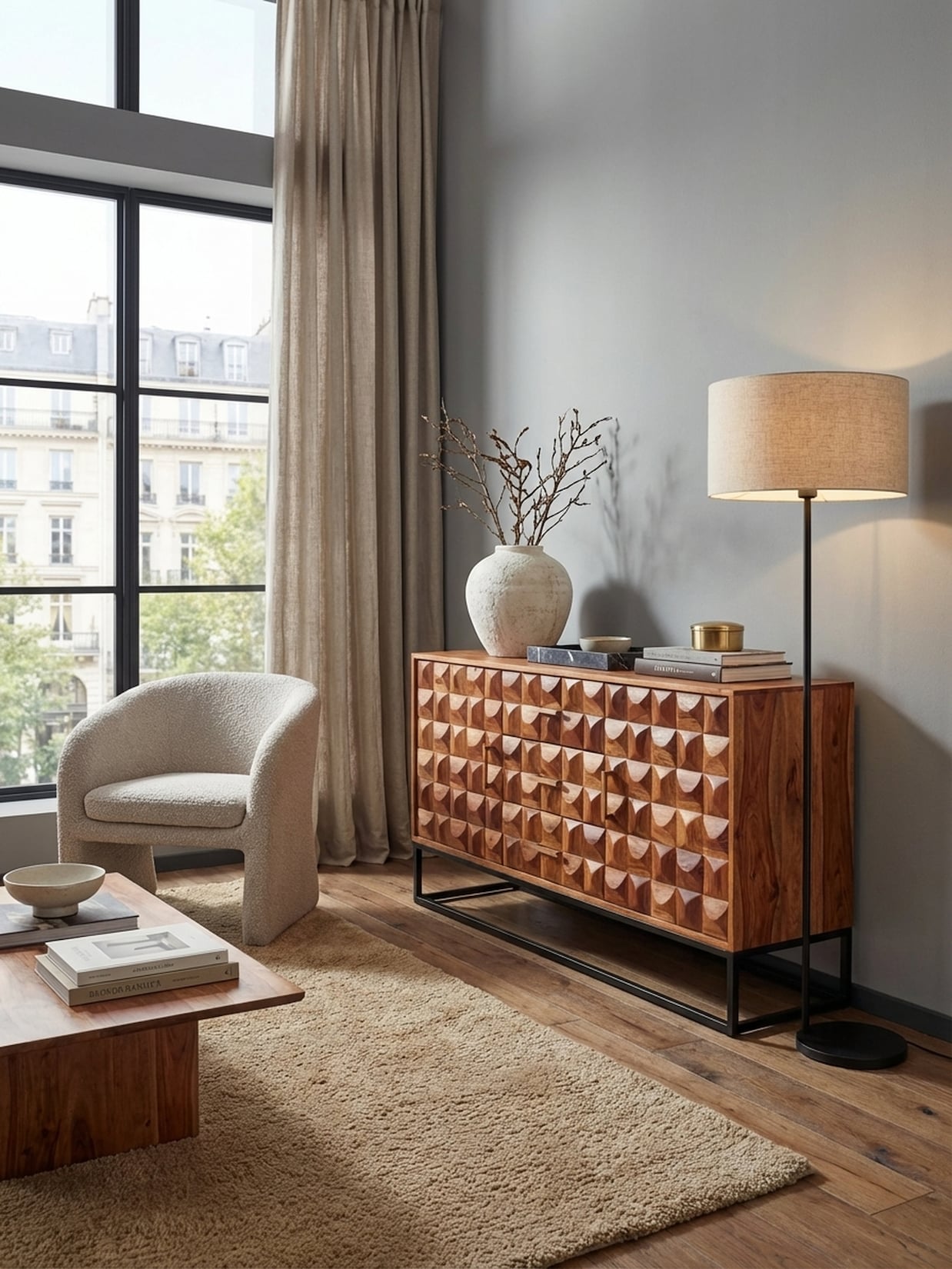 Sideboard – Mango Massivholz/Metall, 145x81x45 cm, 2 Türen, mit Schubladen