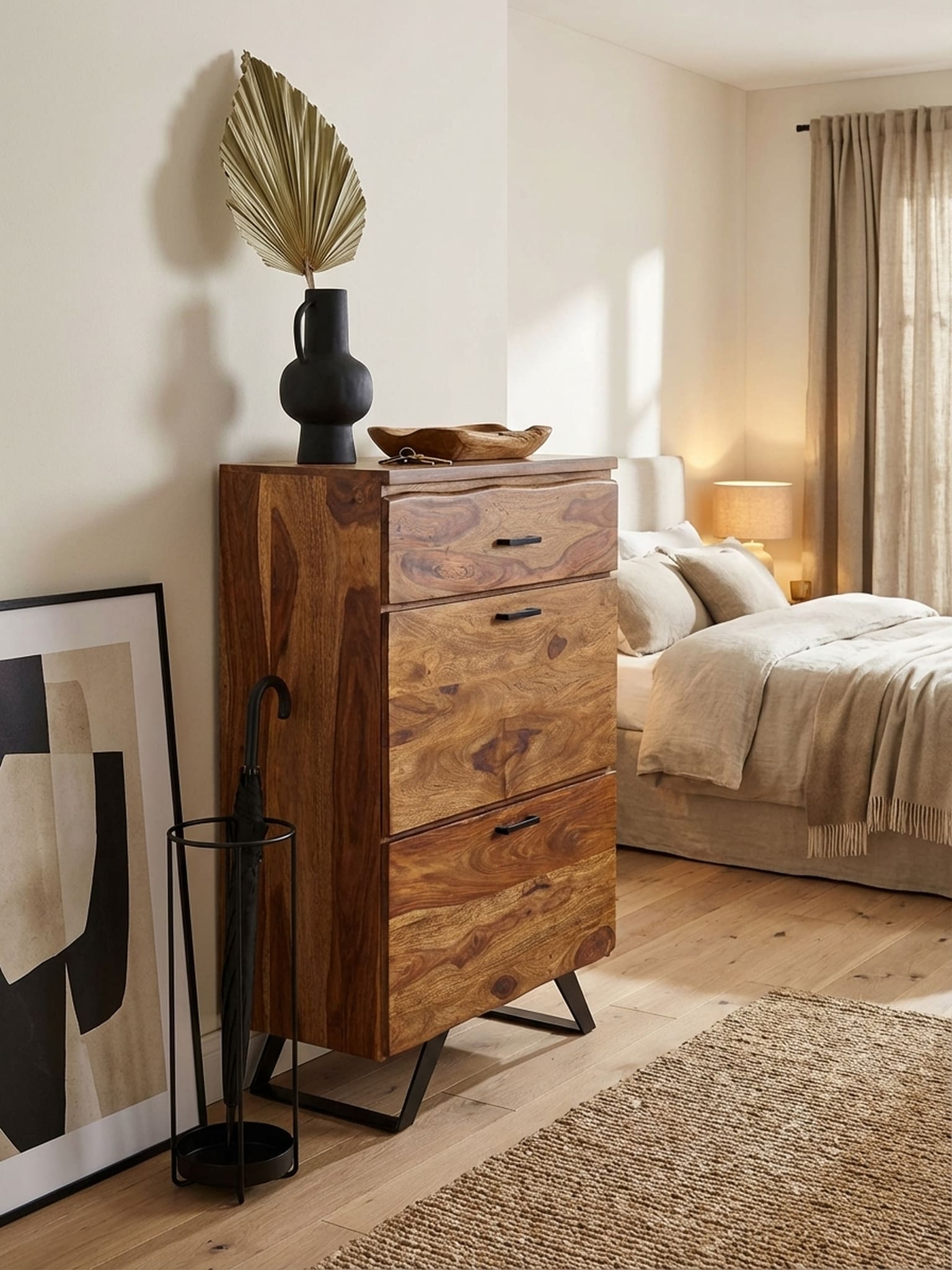 Kommode &ndash; Massivholz/Metall, 80x120x41,5&nbsp;cm, mit Baumkante, hoch, 3 Schubladen 