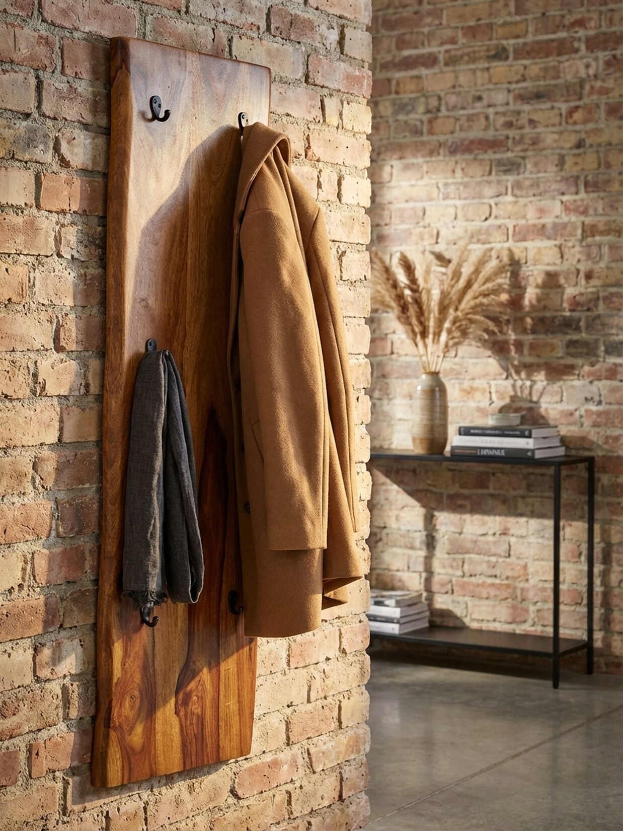 Wandgarderobe Massivholz Metall Modern 40x140x7 cm mit Baumkante und 2-reihiger Hakenleiste