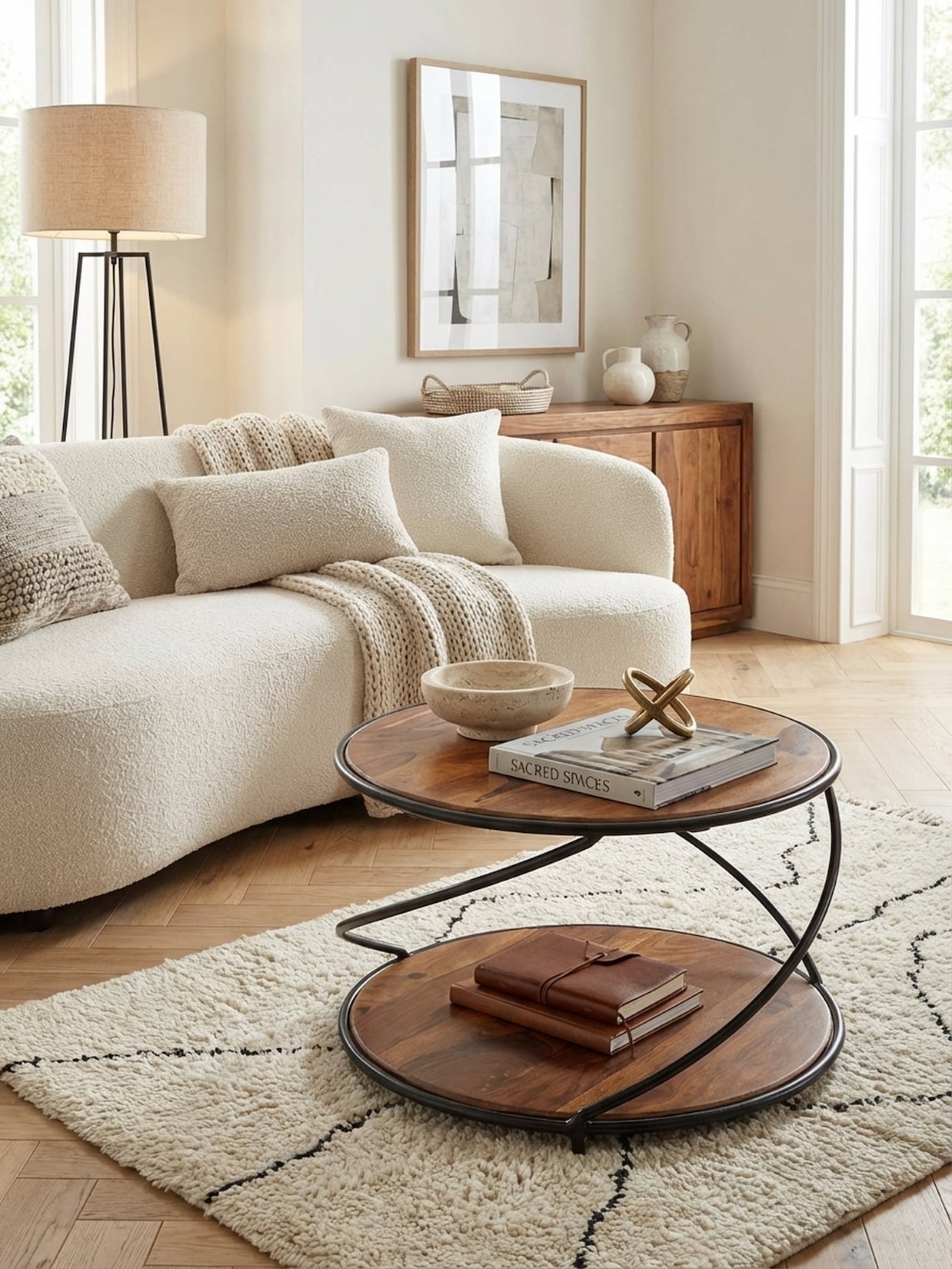 Couchtisch Sheesham Massivholz Metall, Rund, Stauraum, 58x58x35 cm