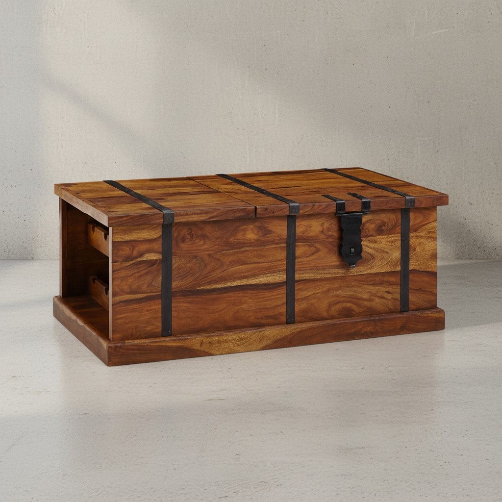 Couchtisch Massivholz Truhentisch mit integriertem Weinregal und Stauraum 100x60x40cm