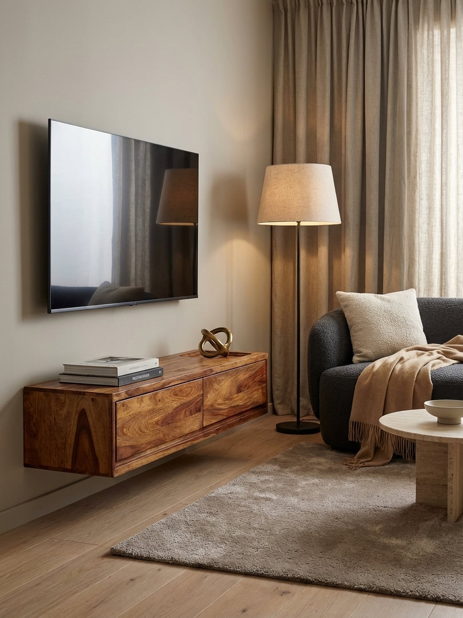 Lowboard H&auml;ngend Massivholz Modern Stil 108x25x34 cm Braun mit Stauraum 