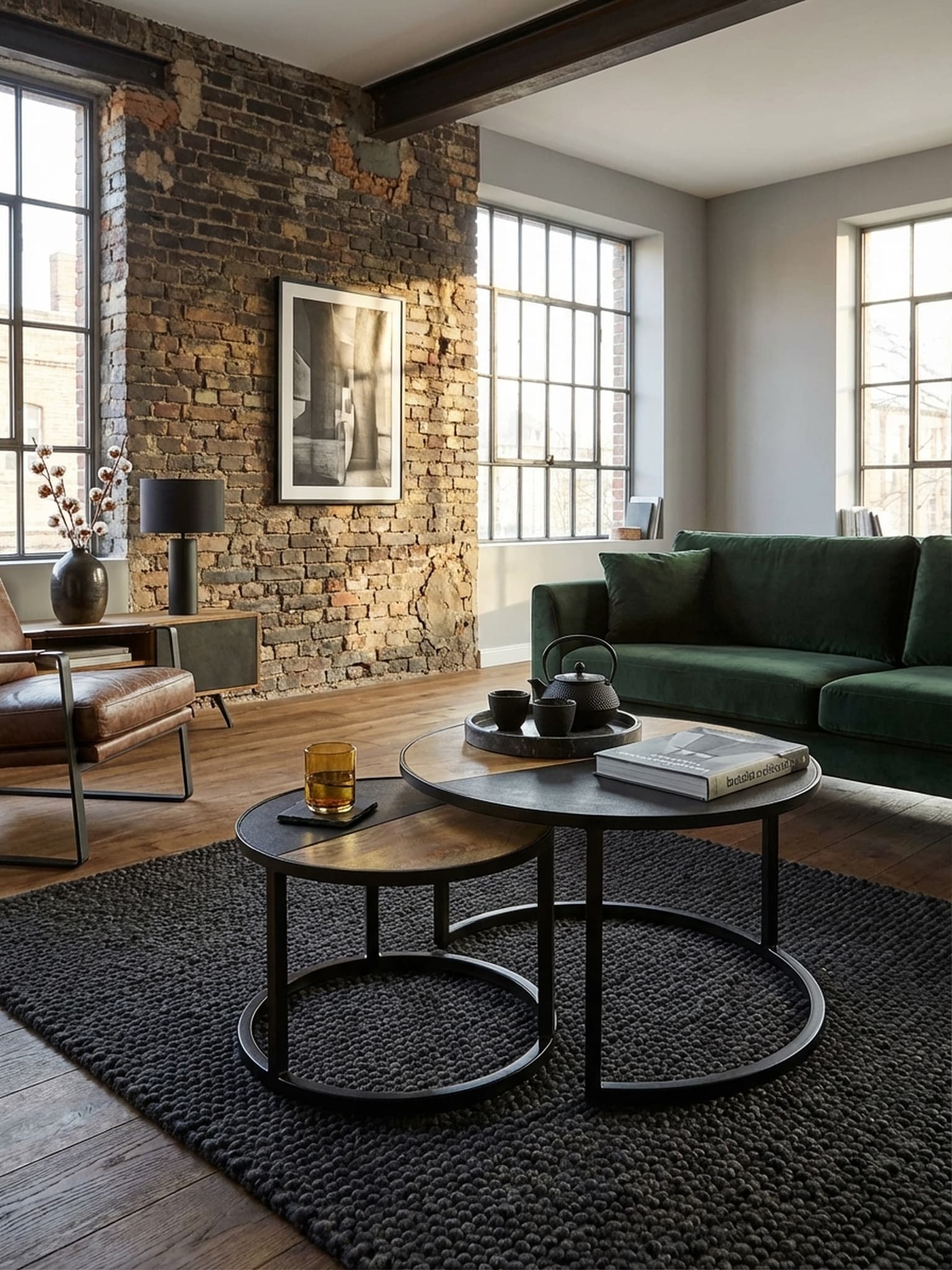 Couchtisch Set &ndash; Rund Mango Massivholz Metall Steinoptik 2-teilig 