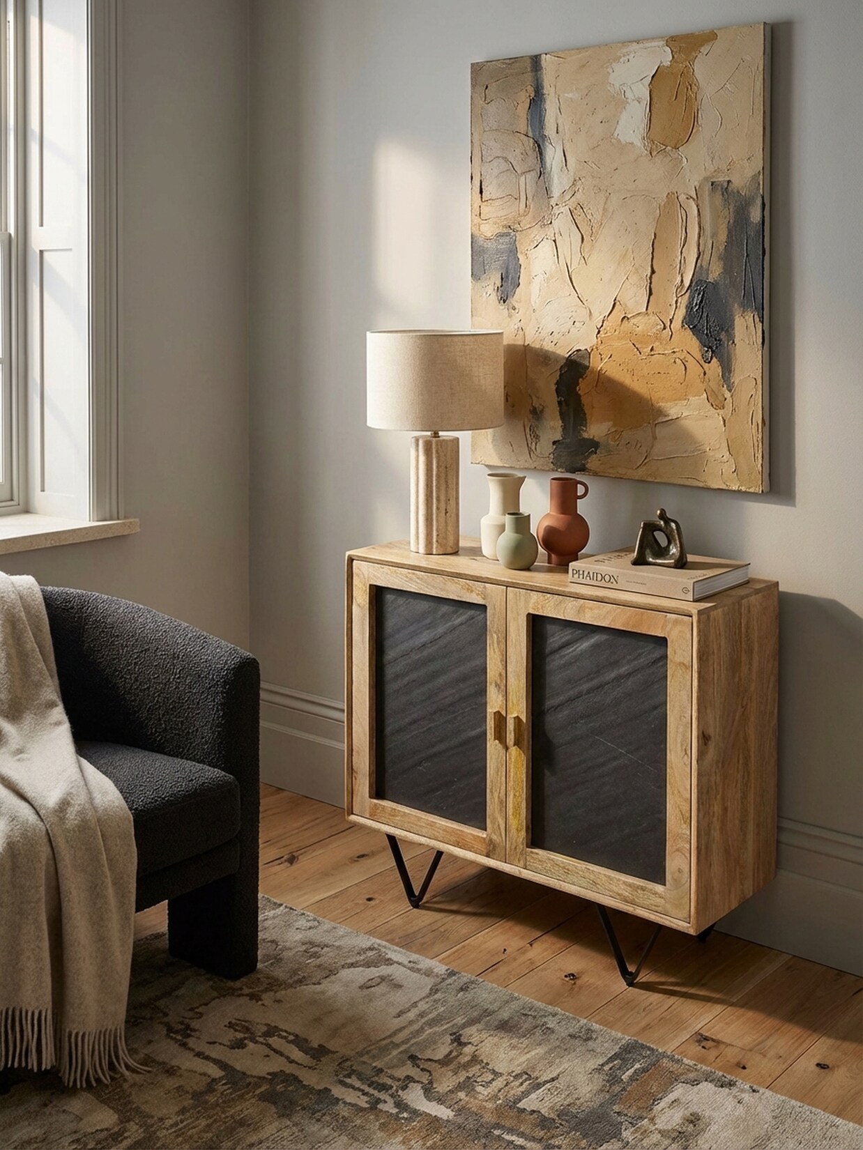 Sideboard – Mango Massivholz/Steinoptik, 80x75x35 cm, 2 Türen, klein, mit Metallgestell