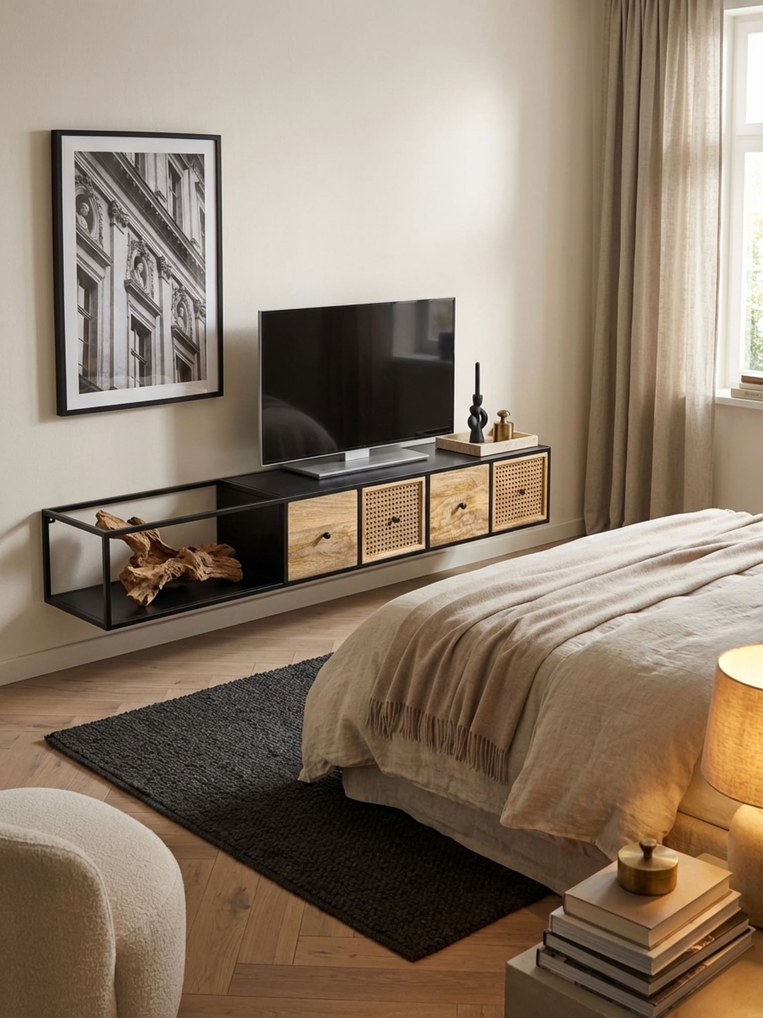 Lowboard H&auml;ngend Mango Massivholz Metall Modern Stil 150x25x35 cm Schwarz mit Wiener Geflecht 