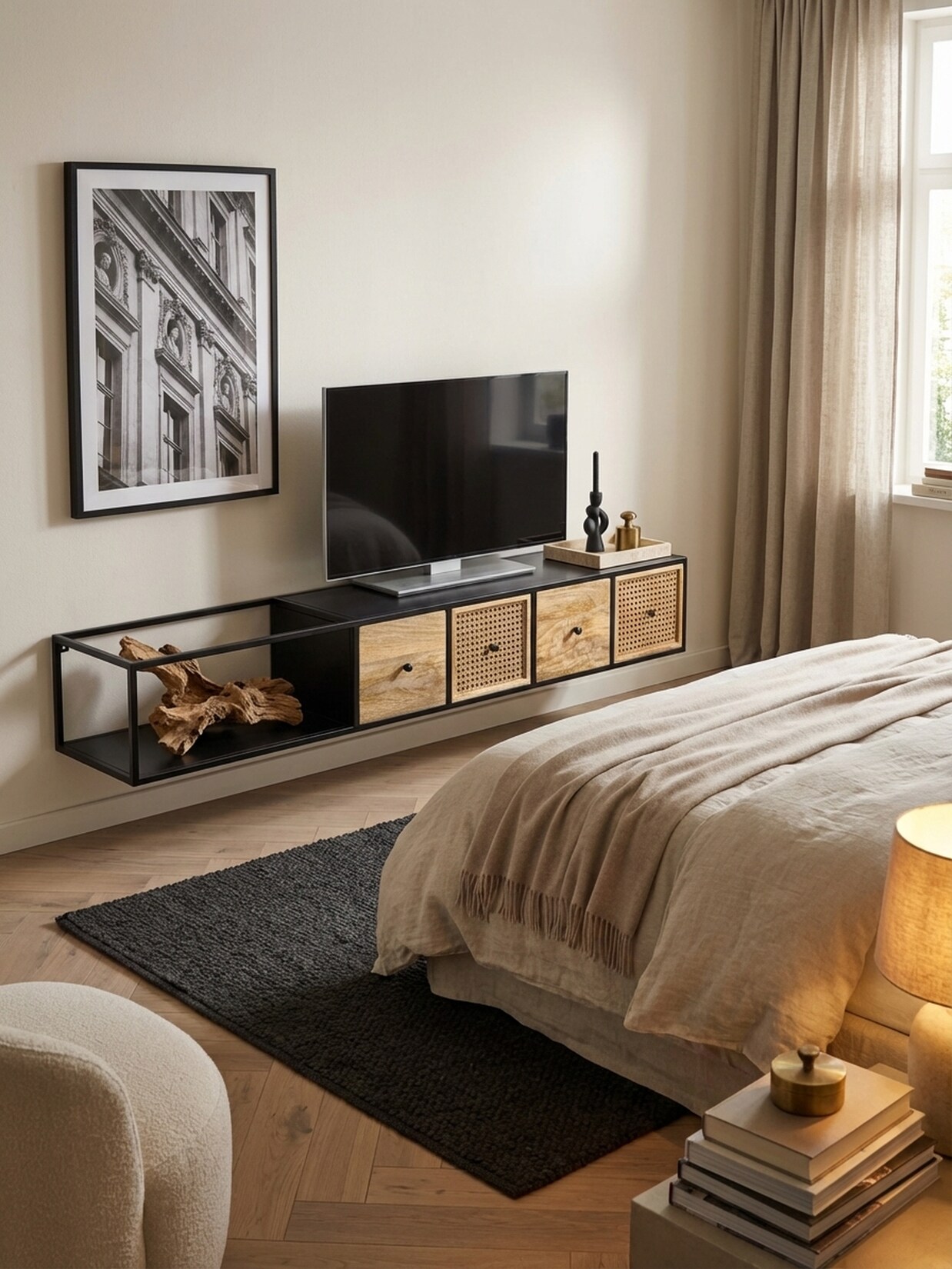 Lowboard Hängend Mango Massivholz Metall Modern Stil 150x25x35 cm Schwarz mit Wiener Geflecht