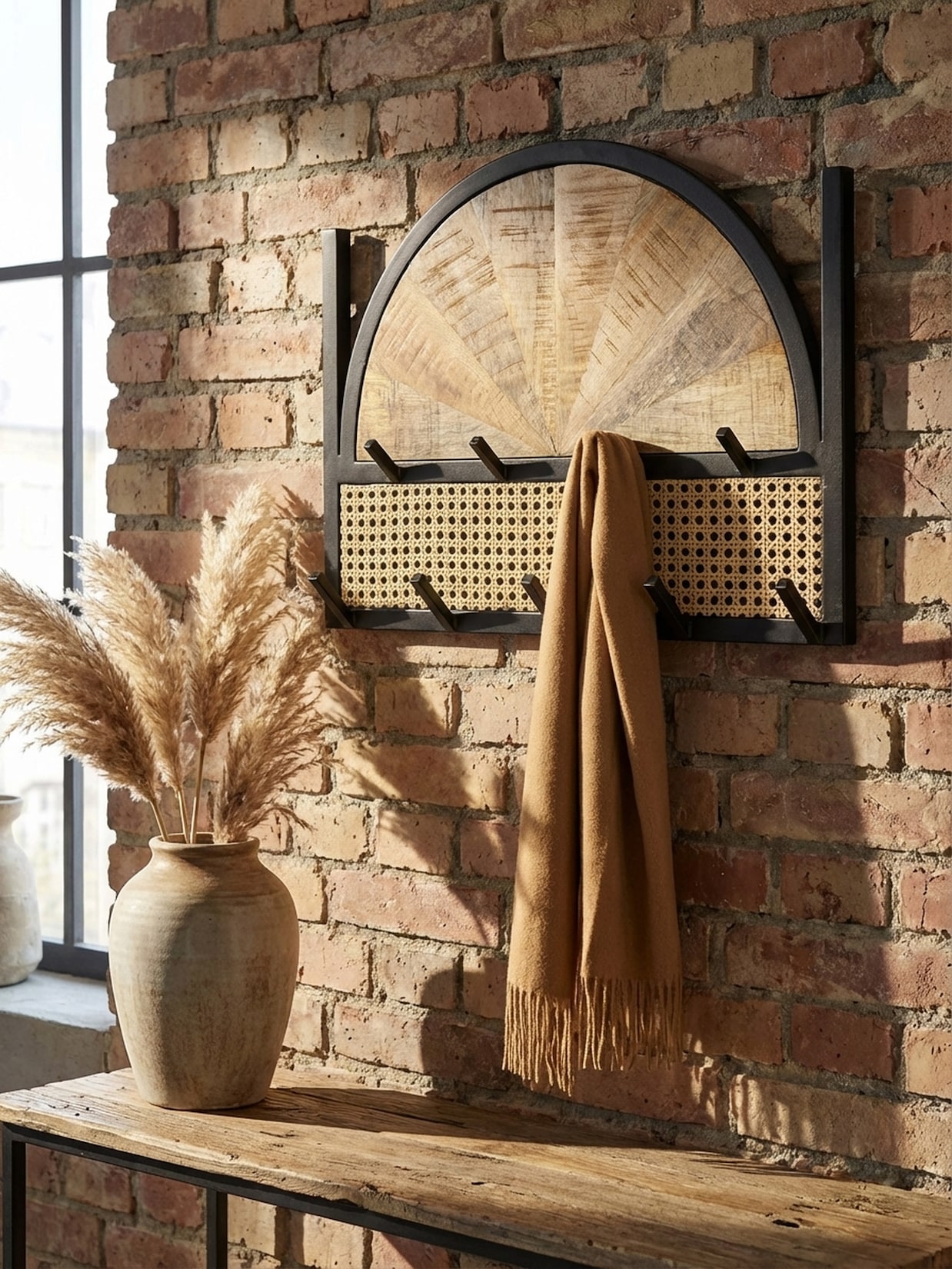 Wandgarderobe Mango Massivholz Rattan Modern 53x40x7,5 cm mit Wiener Geflecht und Metallrahmen