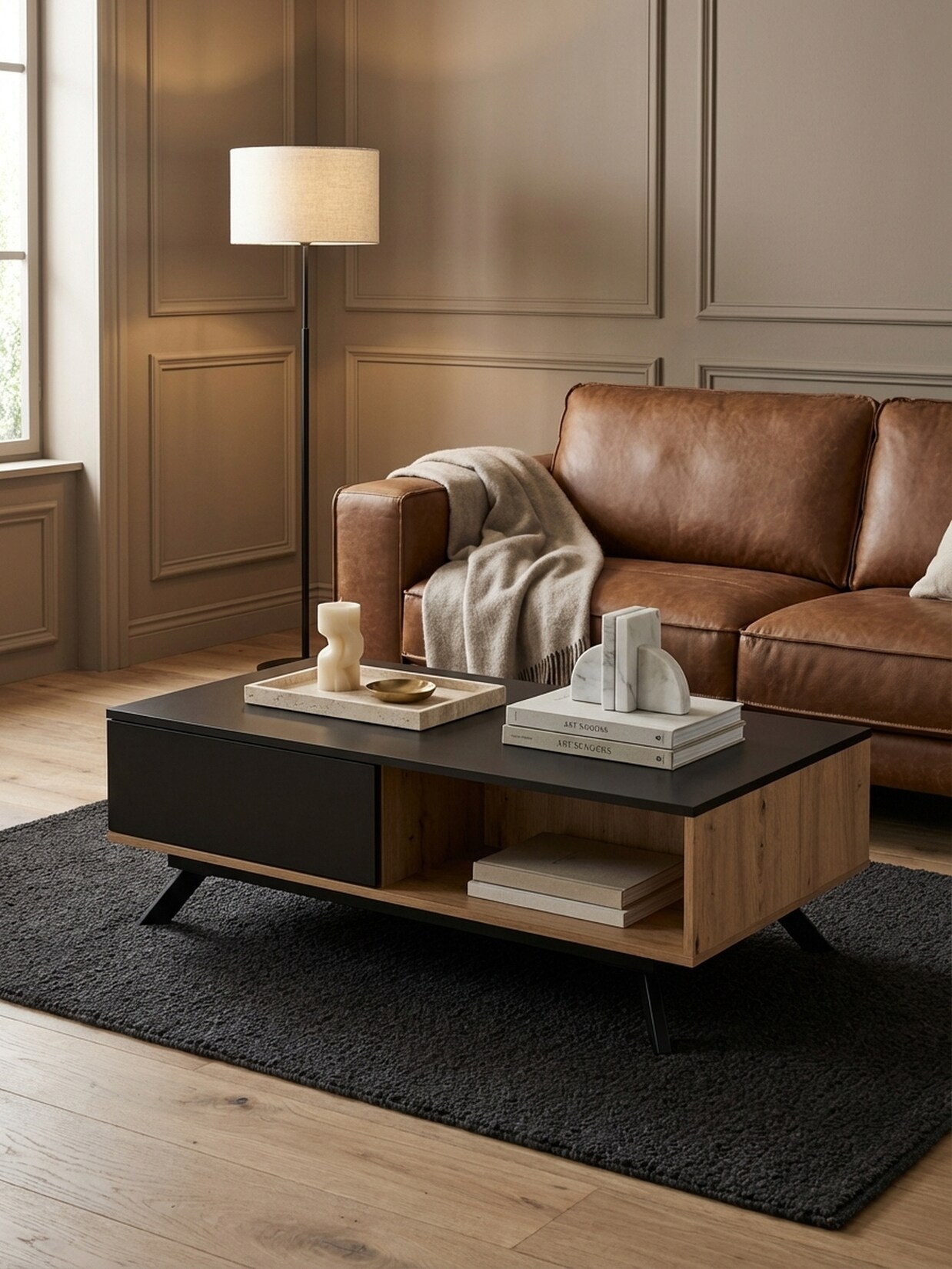 Couchtisch in Schwarz und Eiche-Dekor, MDF, mit Stauraum, Schubladen, Metallbeine, 110x60x38 cm