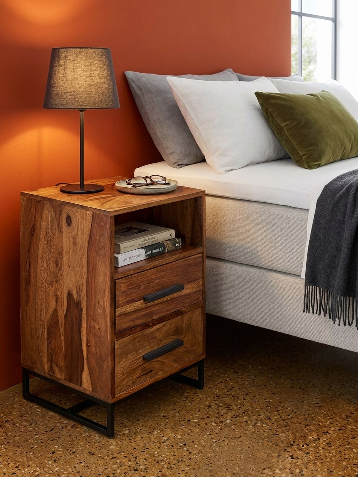 Nachttisch – Massivholz/Metall, 40x35x66 cm, 2 Schubladen, Industrial-Stil
