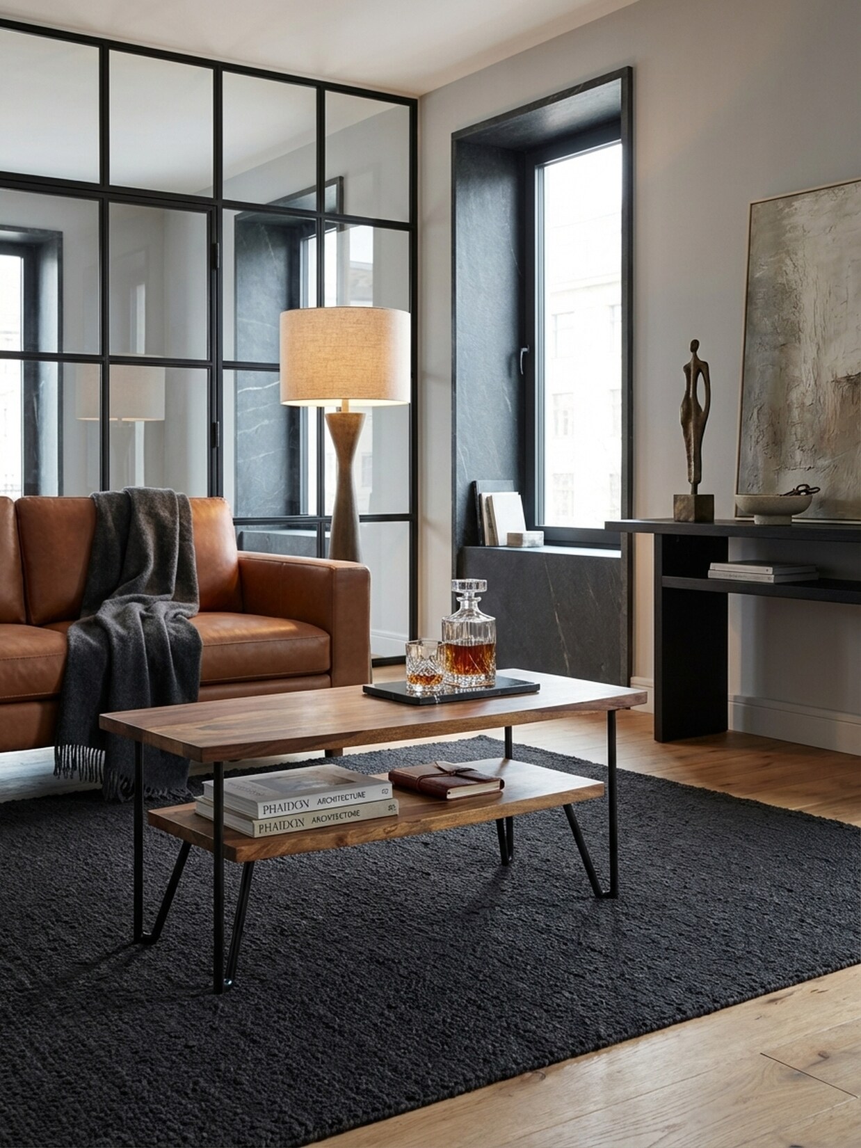 Couchtisch in Massivholz mit Metall, 90x50x40 cm, Rechteckig, Stauraum, Industrial Design