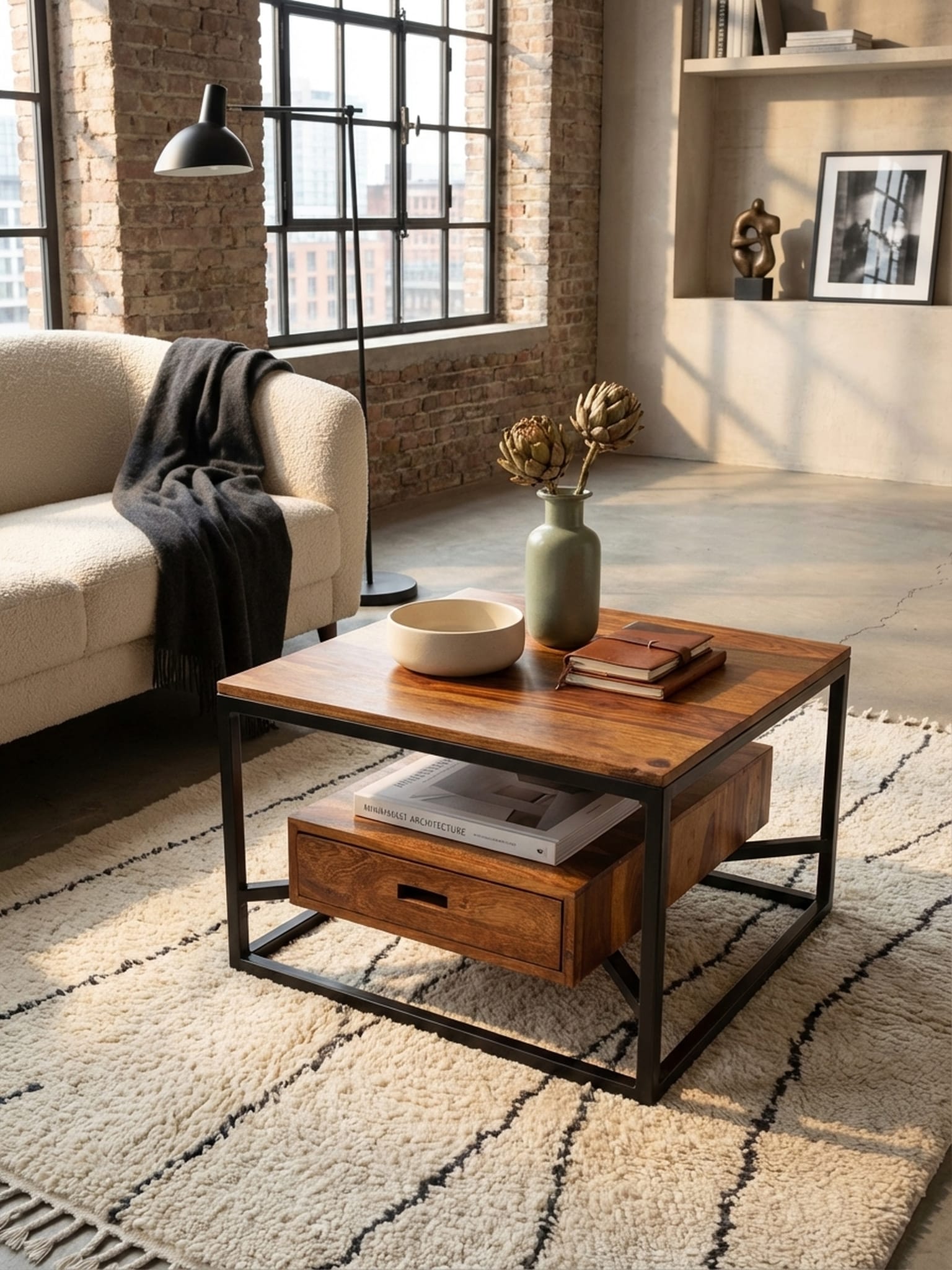 Couchtisch Quadratisch in Massivholz und Metall, mit Schublade, 60x60x40cm, Moderner Stil 