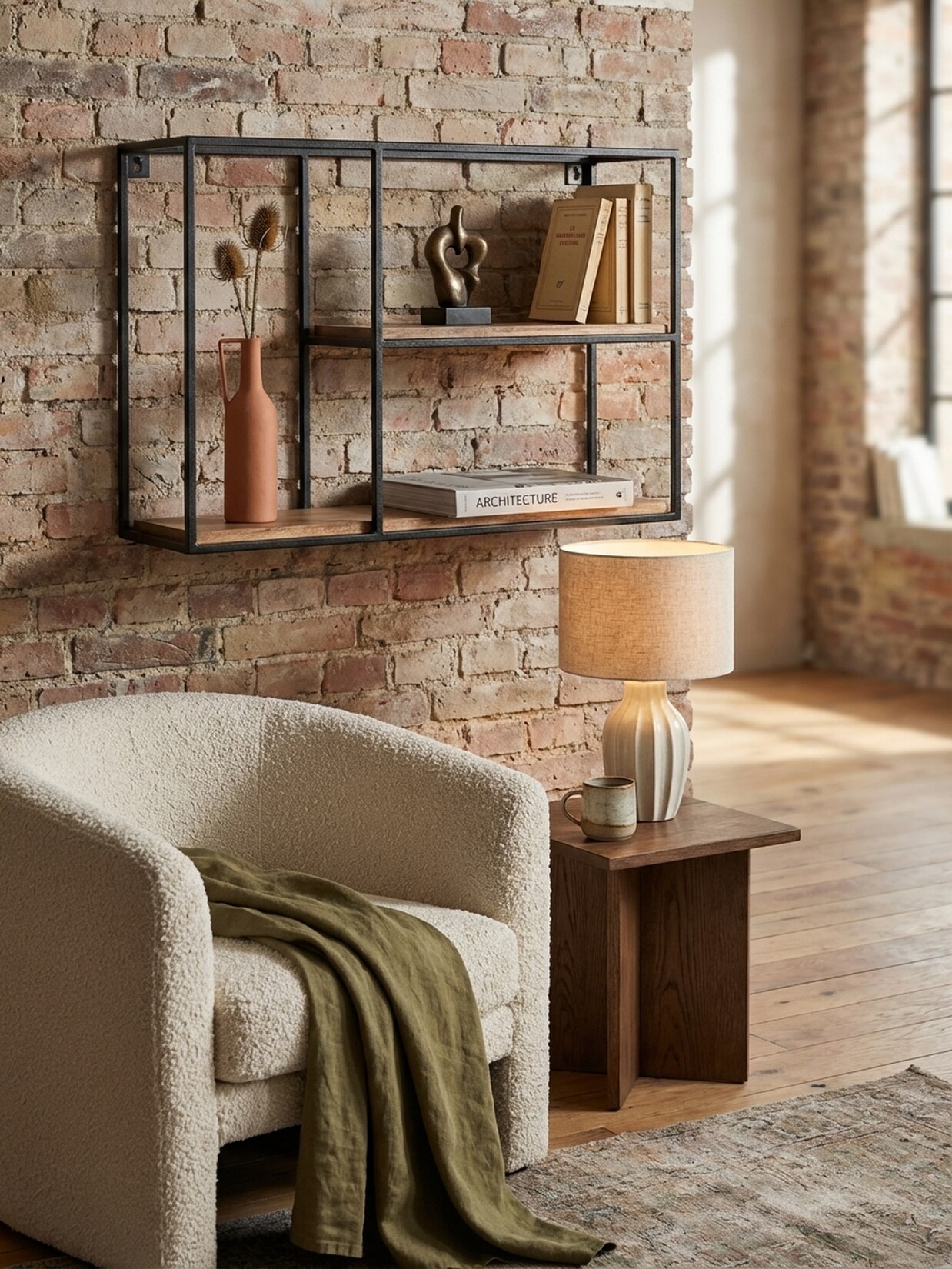 Wandregal Mango Massivholz Metall Industrial Stil 60x40x18 cm Rechteckig