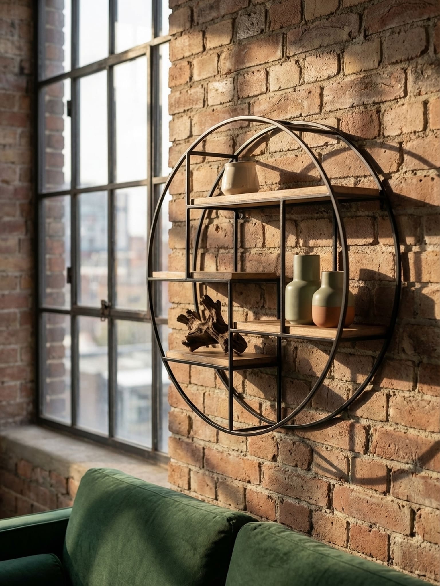 Wandregal Mango Massivholz Metall Industrial Stil Rund 70x70x18 cm 