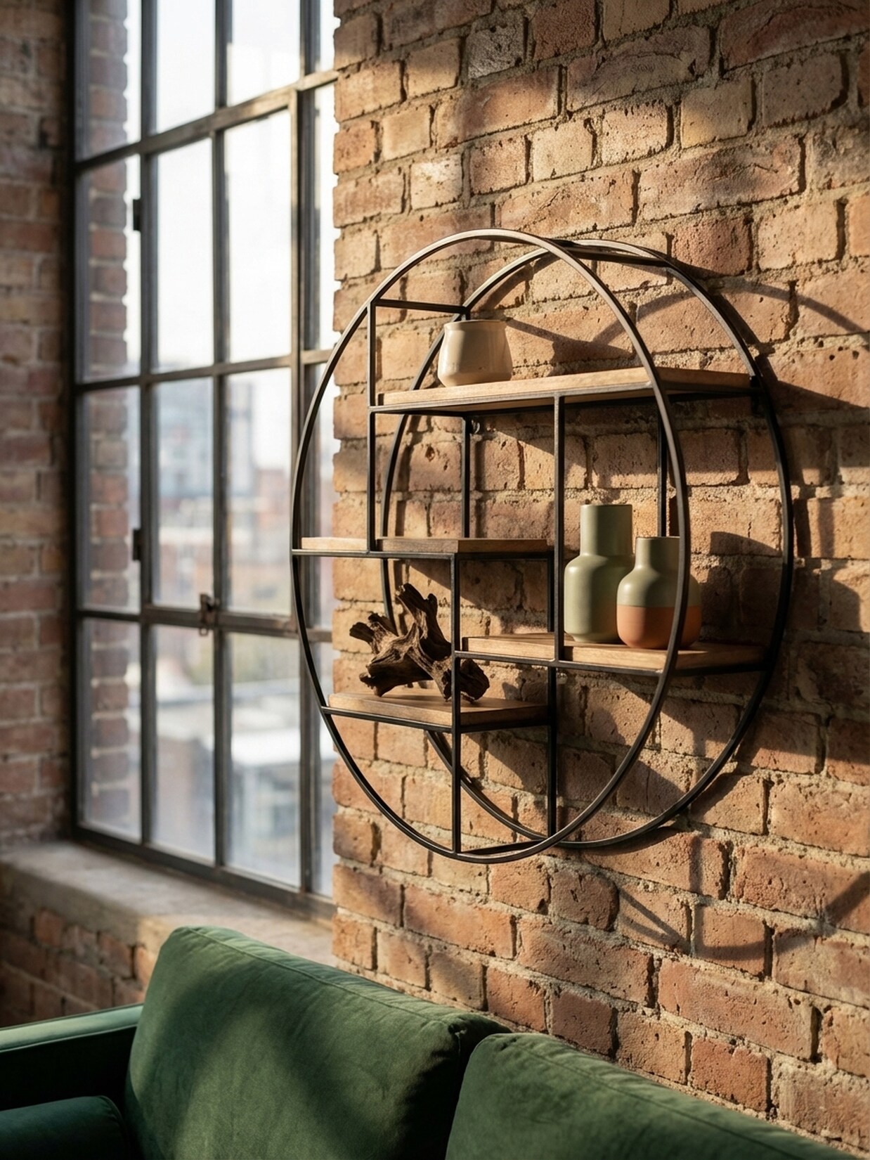 Wandregal Mango Massivholz Metall Industrial Stil Rund 70x70x18 cm