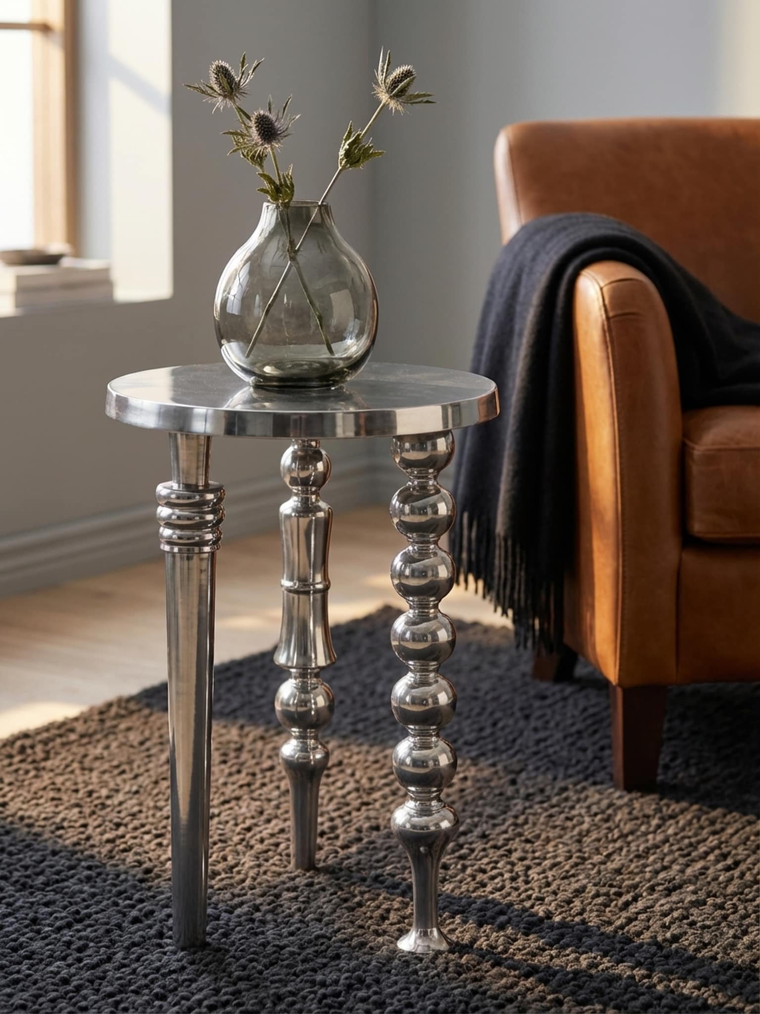 Beistelltisch &ndash; Aluminium Silber 44x44x63 cm Dreibein Design 