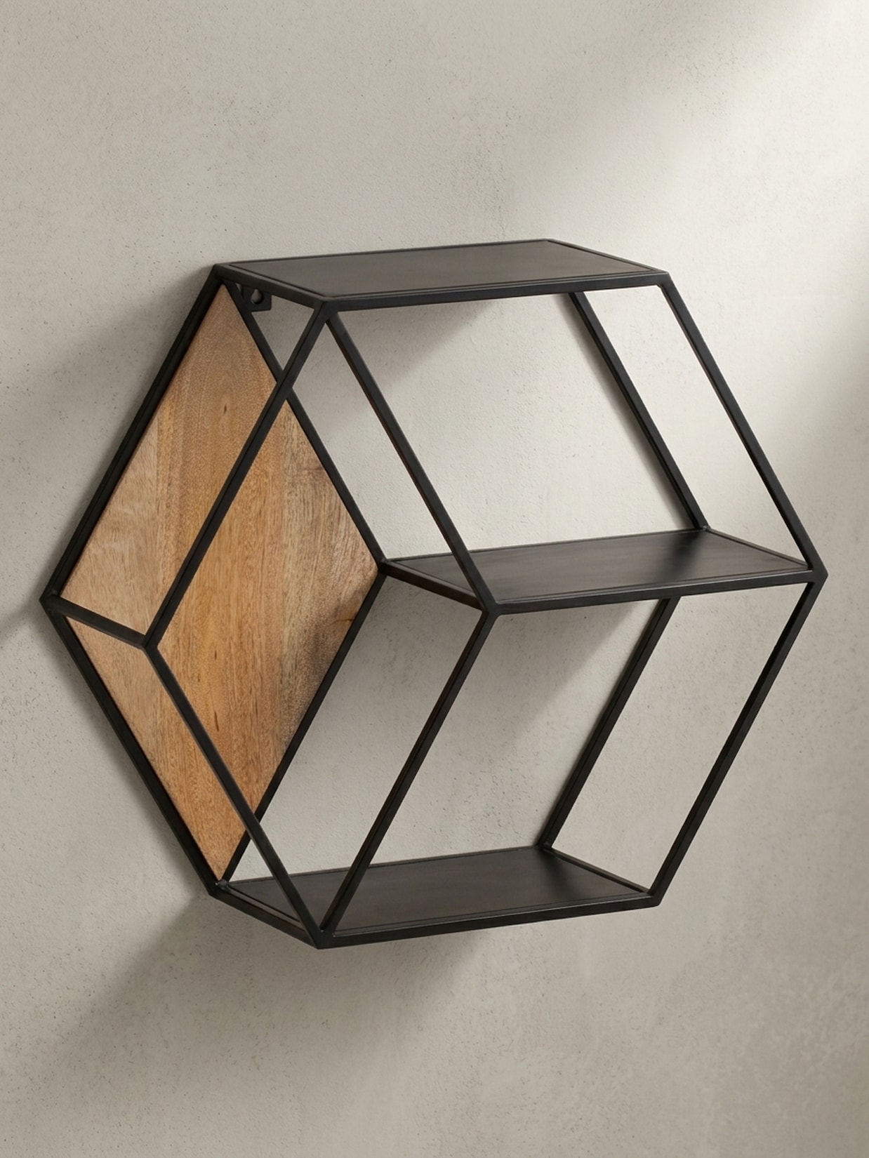 Wandregal Mango Massivholz Metall Industrial Stil 60x52x20 cm Sechseckig mit 3 Ablagen