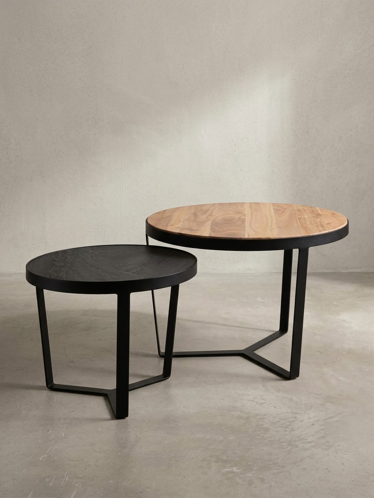Couchtisch Set rund – Akazie Massivholz, Steinoptik, Metallgestell, Braun-Anthrazit