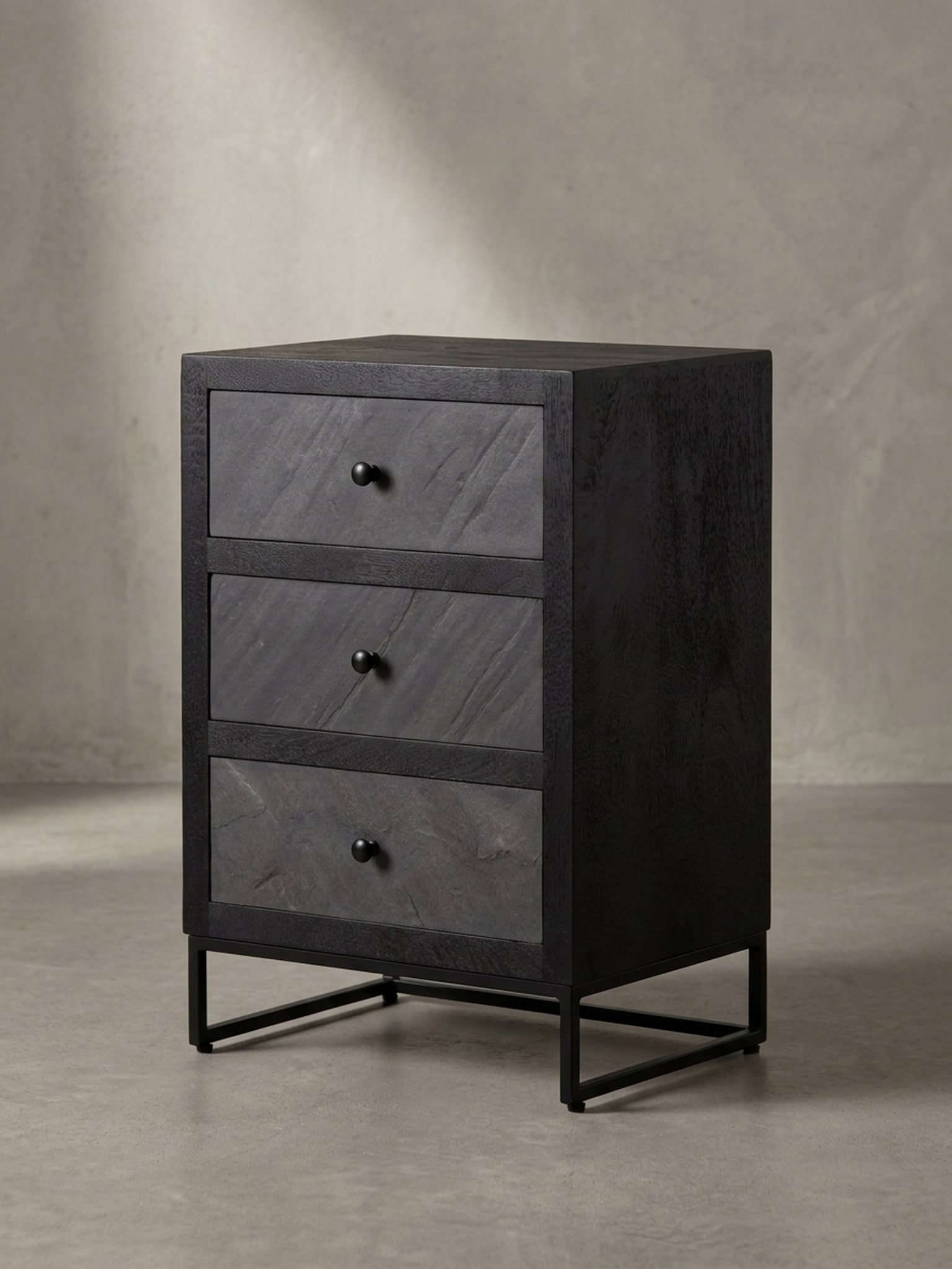 Nachttisch Massivholz Steinoptik 3 Schubladen Metallgestell, Schwarz 40x30x60 cm 