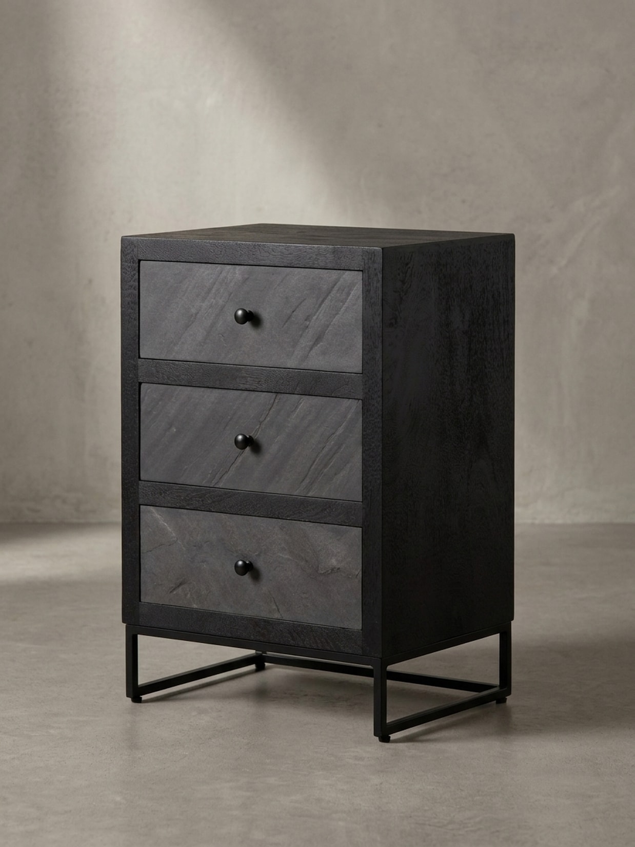 Nachttisch Massivholz Steinoptik 3 Schubladen Metallgestell, Schwarz 40x30x60 cm
