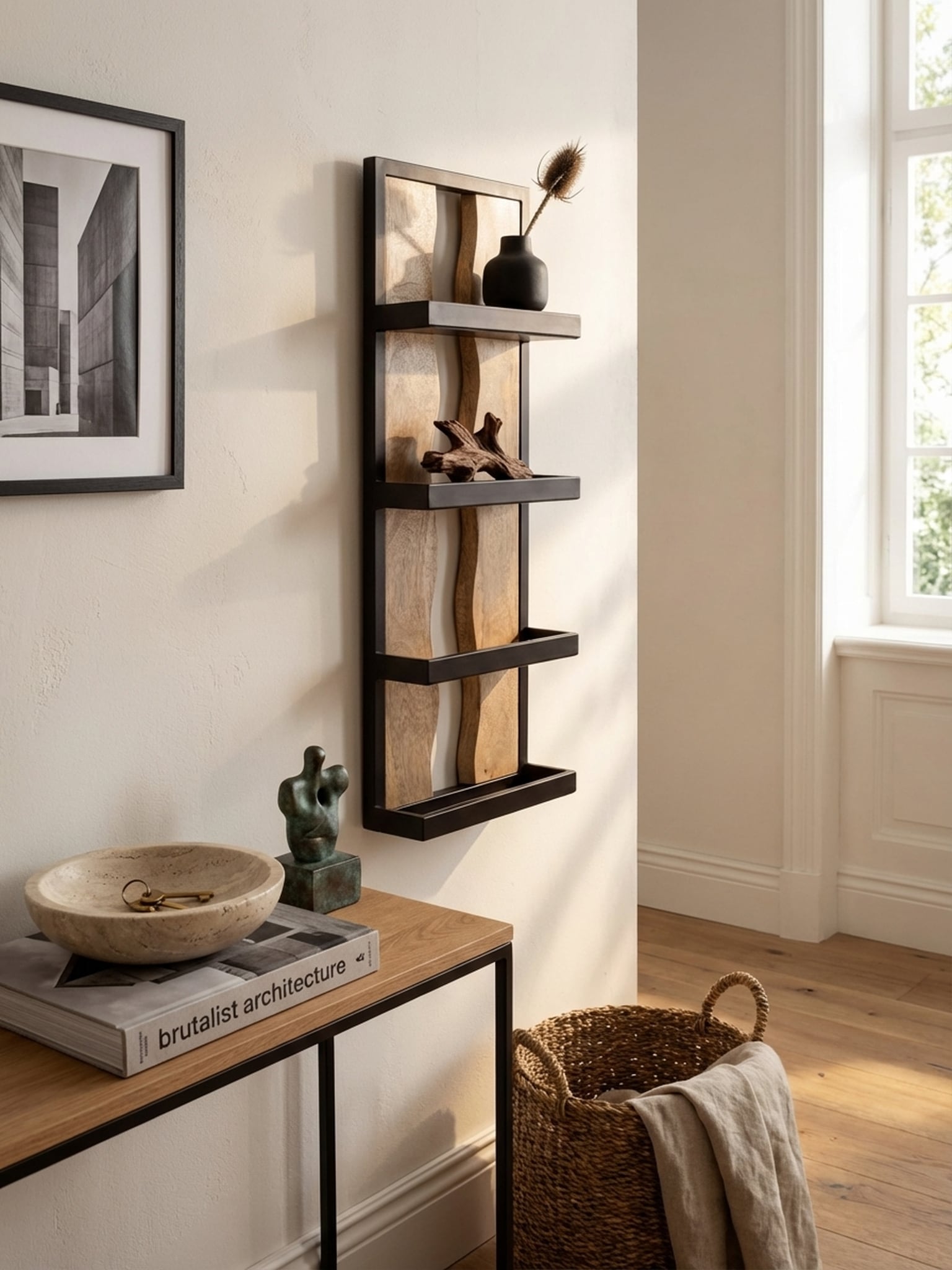 Wandregal Mango Massivholz Metall Industrial Stil 30x80x10 cm Rechteckig mit 4 Ablagen und Wellenmuster 