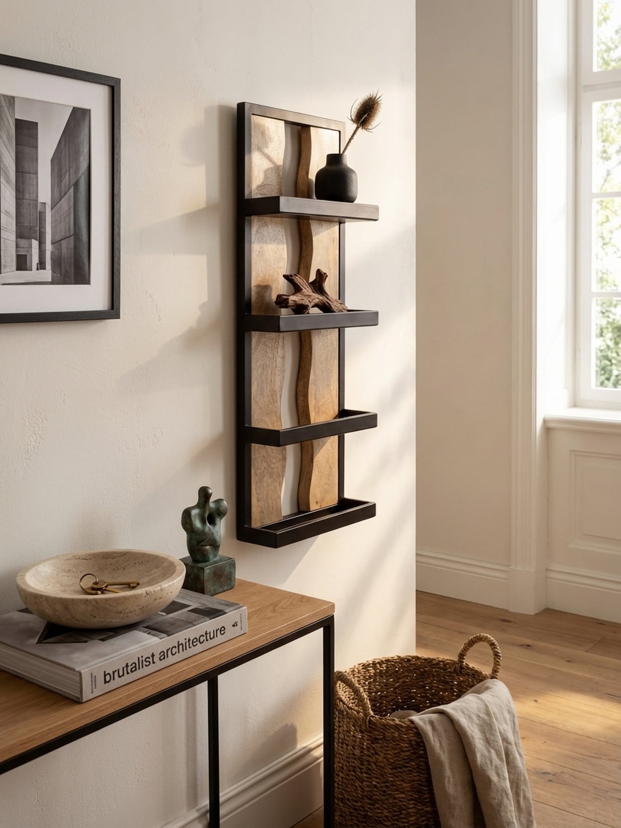 Wandregal Mango Massivholz Metall Industrial Stil 30x80x10 cm Rechteckig mit 4 Ablagen und Wellenmuster